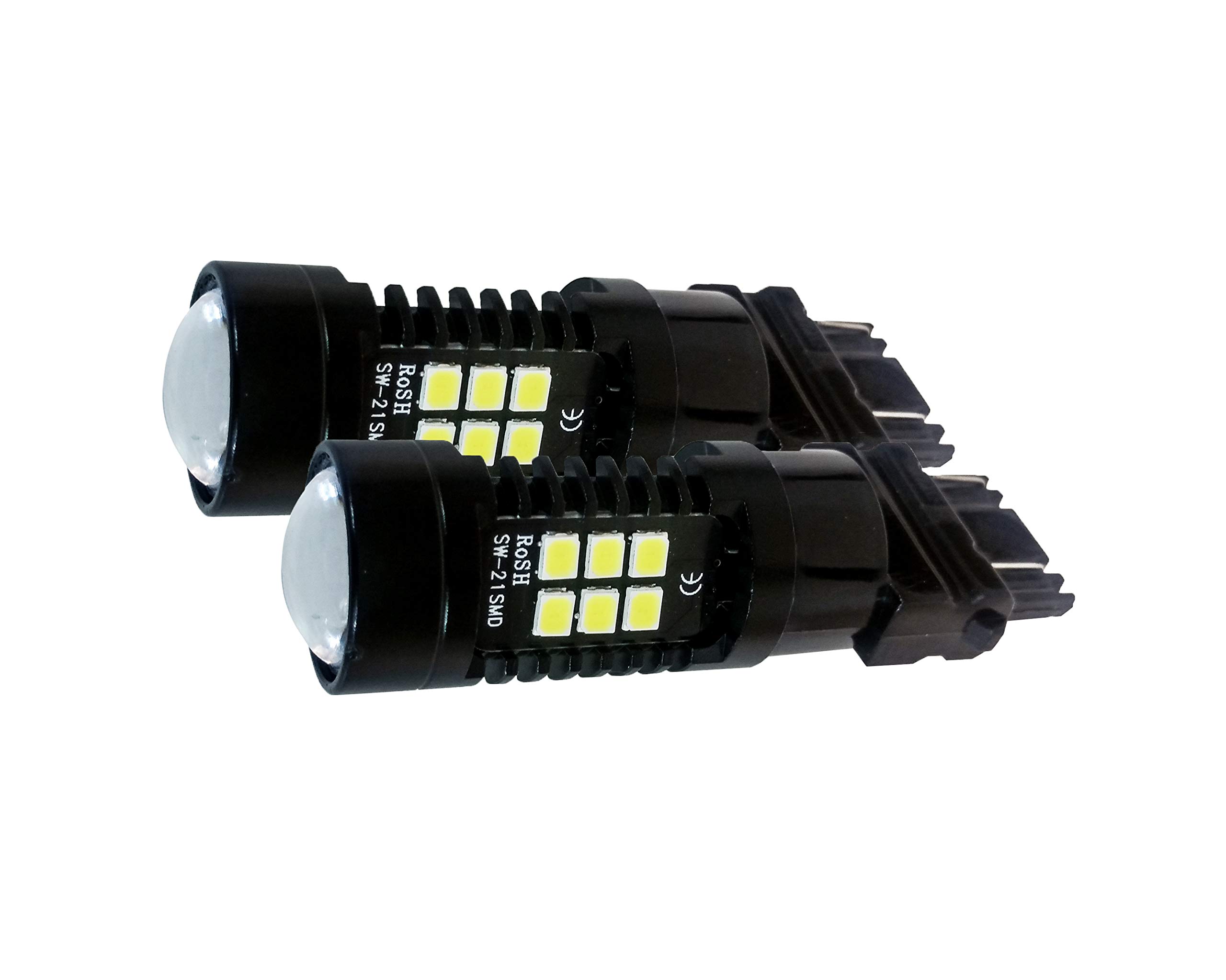 2-Pack White LED 3157 3156 3057 3056 Bulbs - 3-Sided Dual Intensity 21SMD Projector Lens for Running Tail, Brake, Turn Signal & Reverse Lights (12V-24V) - Perfect for Cars, Trucks, SUVs & Motorcycles