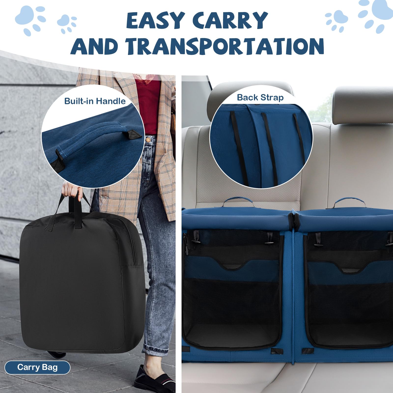 **40 Inch Large Cat Carrier with Double Compartments - Portable Soft-Sided Pet Kennel for Cats & Small Dogs - Includes 2 Removable Hammocks, Dual-Use Mats & Litter Box - Travel Carrier with Carry Bag & Ground Stakes (Navy Blue) - Perfect for Air Travel, Road Trips & Vet Visits**