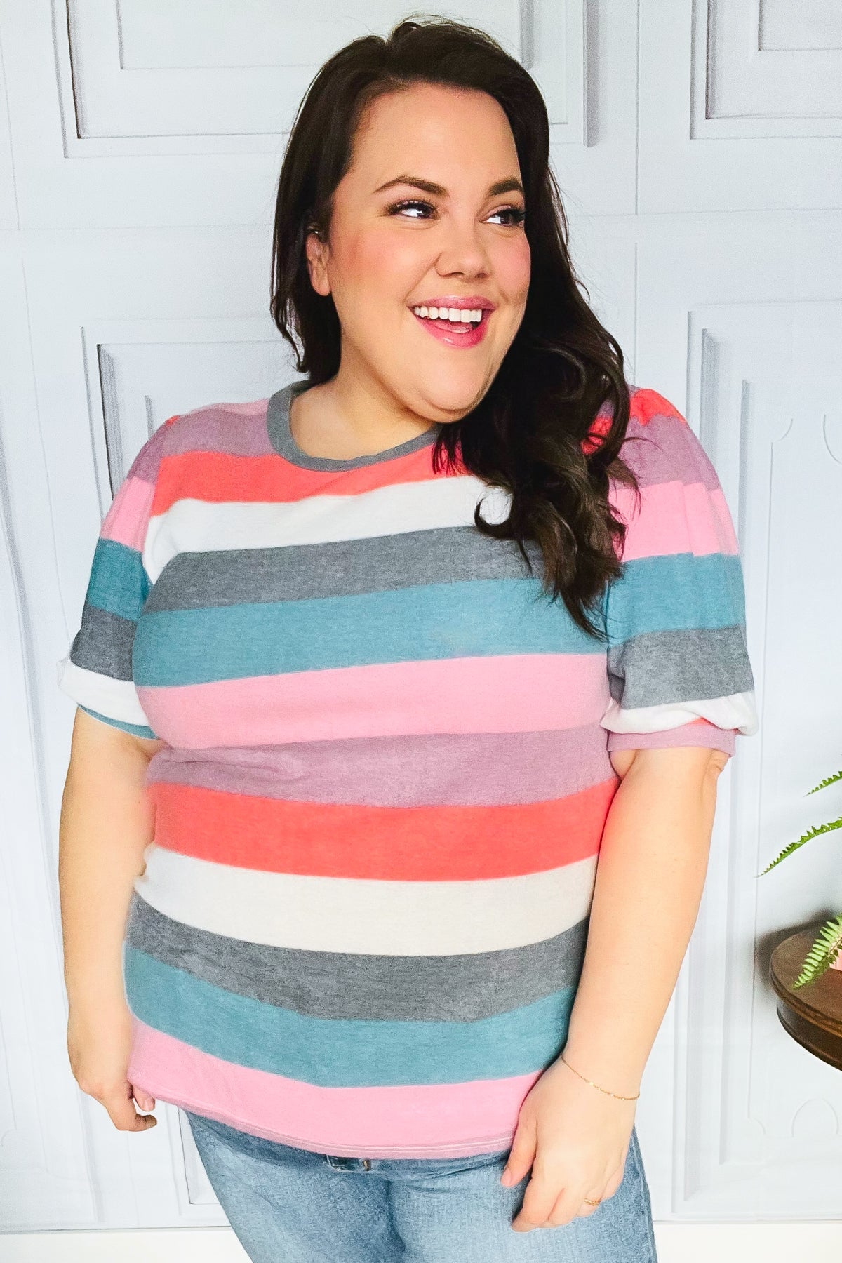 Look Out Teal & Rose Striped Hacci Knit Puff Sleeve Top | Women's Fashion Blouse | Casual & Party Wear | Perfect for Date Nights & Office Outfits