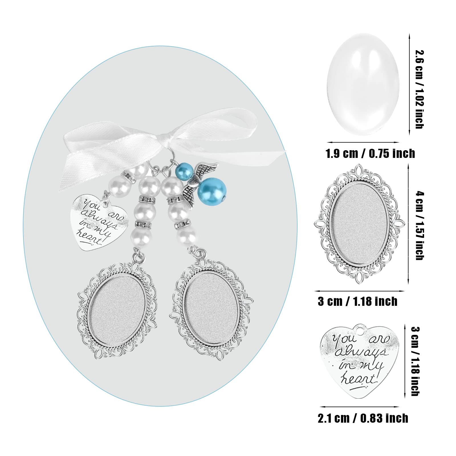 SAVITA 1pc Wedding Bouquet Photo Charm with 2pcs Oval Glass Cabochons - Elegant Bridal Bouquet Charm Holder Picture Frame with Bow-Knot Pearl Rhinestone Heart Pendant for Bridal Shower, Wedding Keepsake & Photo Jewelry - Perfect for Bridal Accessories, Wedding Gifts & Memory Preservation
