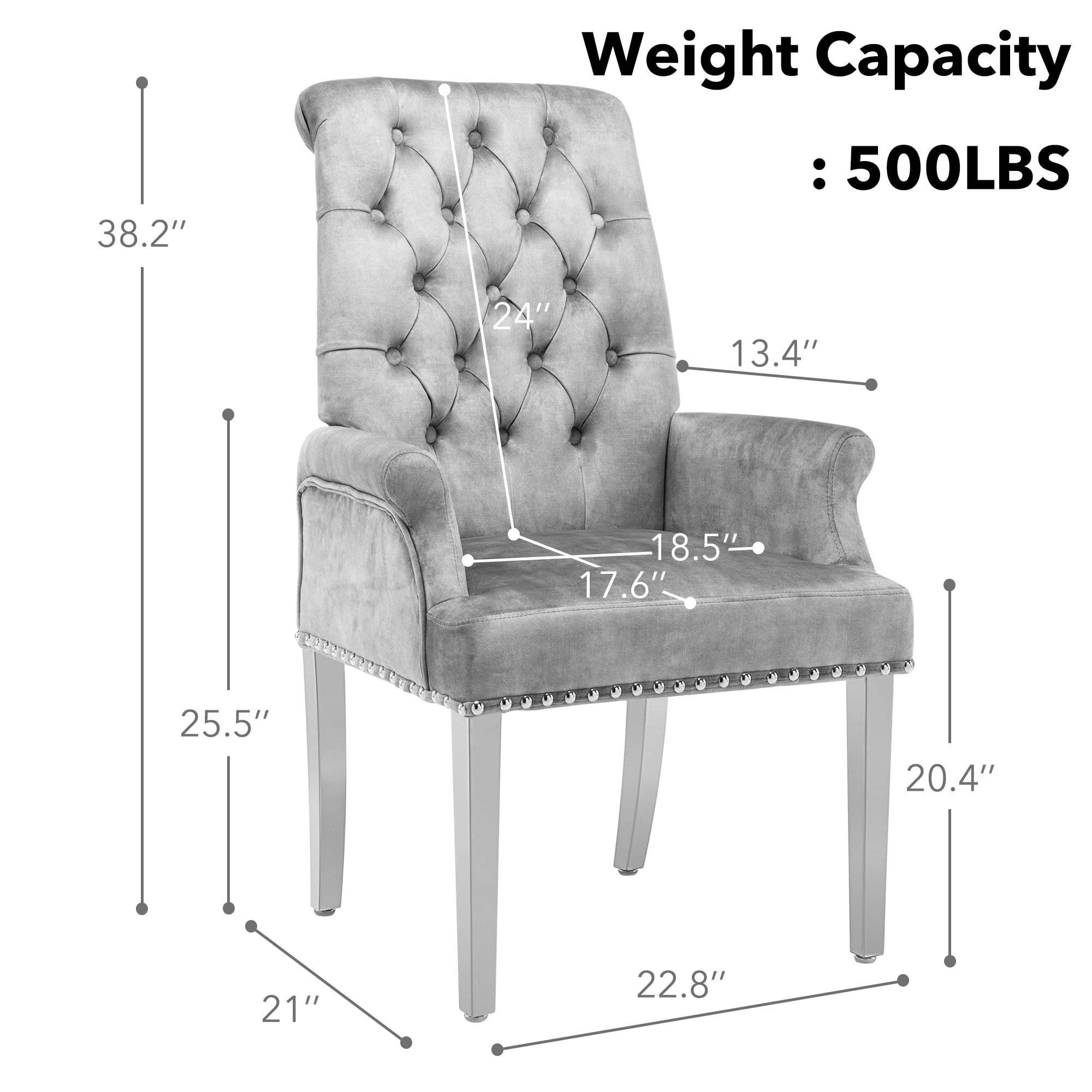 Luxury Velvet Dining Chairs Set of 2 - Modern Upholstered Tufted Armrest Chairs with Stainless Steel Legs - Elegant Grey Accent Chairs for Kitchen, Dining Room, Living Room & Bedroom - Perfect for Home Decor, Dinner Parties & Cozy Reading Nooks