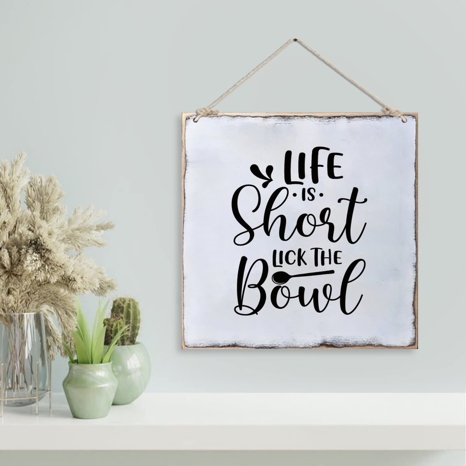 Funny Rustic Wood Sign - Life Is Short Lick The Bowl - Distressed Look Kitchen Wall Decor for Farmhouse, Dining Room, Cafe & Bar - Perfect for Home, Office & Gift Giving
