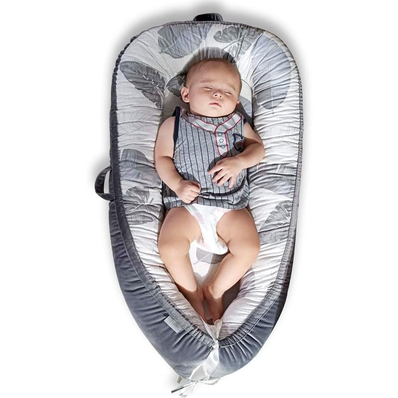 Premium Baby Lounger for Newborns 0-24 Months - Soft Infant Lounger with Breathable Cover | Essential Baby Gift for Nursery, Travel & Playtime | Lightweight Grey Leaves Design (Perfect for Cuddling, Napping & Tummy Time)