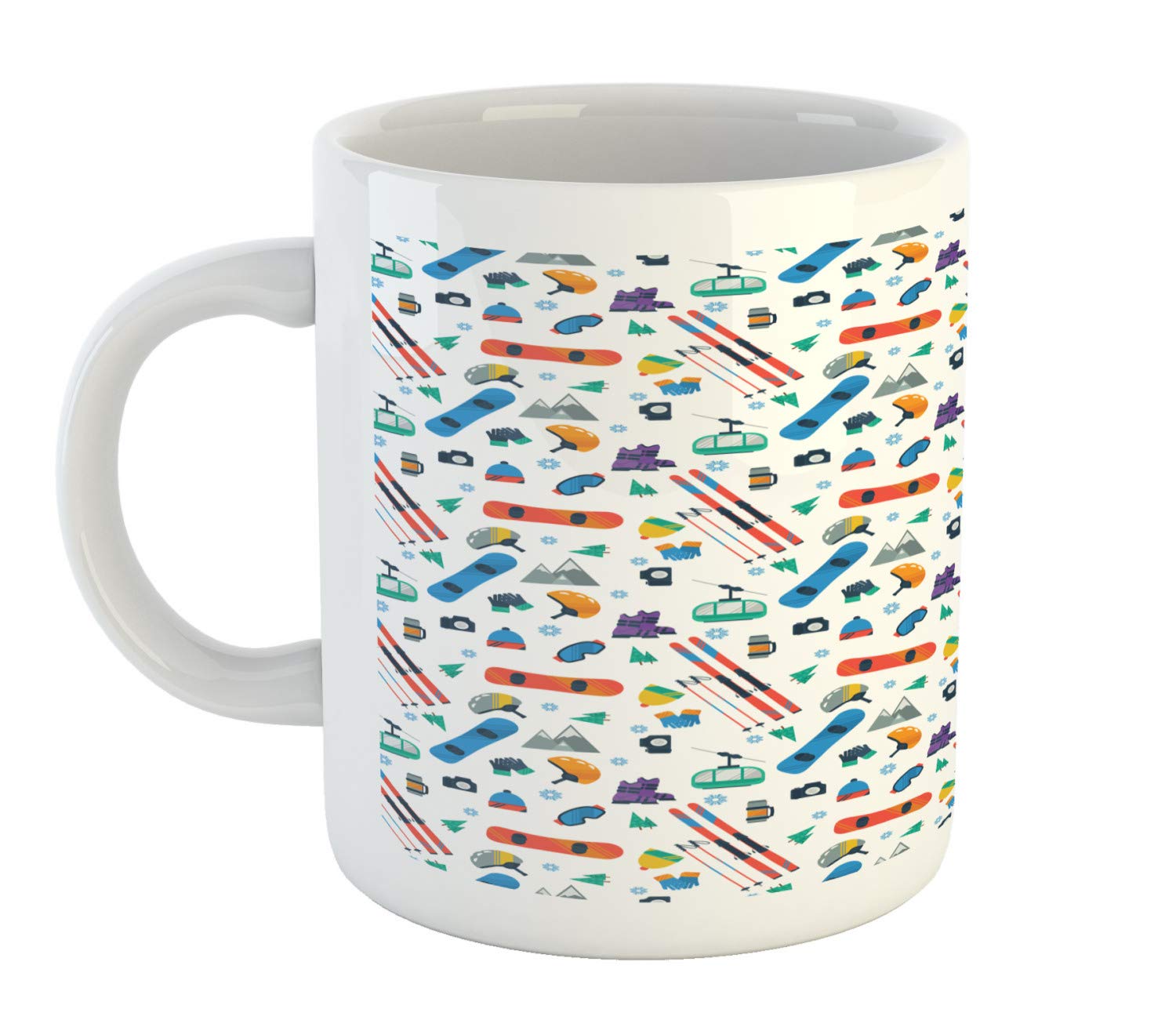 Lunarable Extreme Sports Ceramic Mug - Skiing & Snowboarding Cartoon Design for Coffee, Tea & Water - Winter Sports Enthusiasts Gift - Perfect for Ski Resorts, Snow Trips & Adventure Lovers