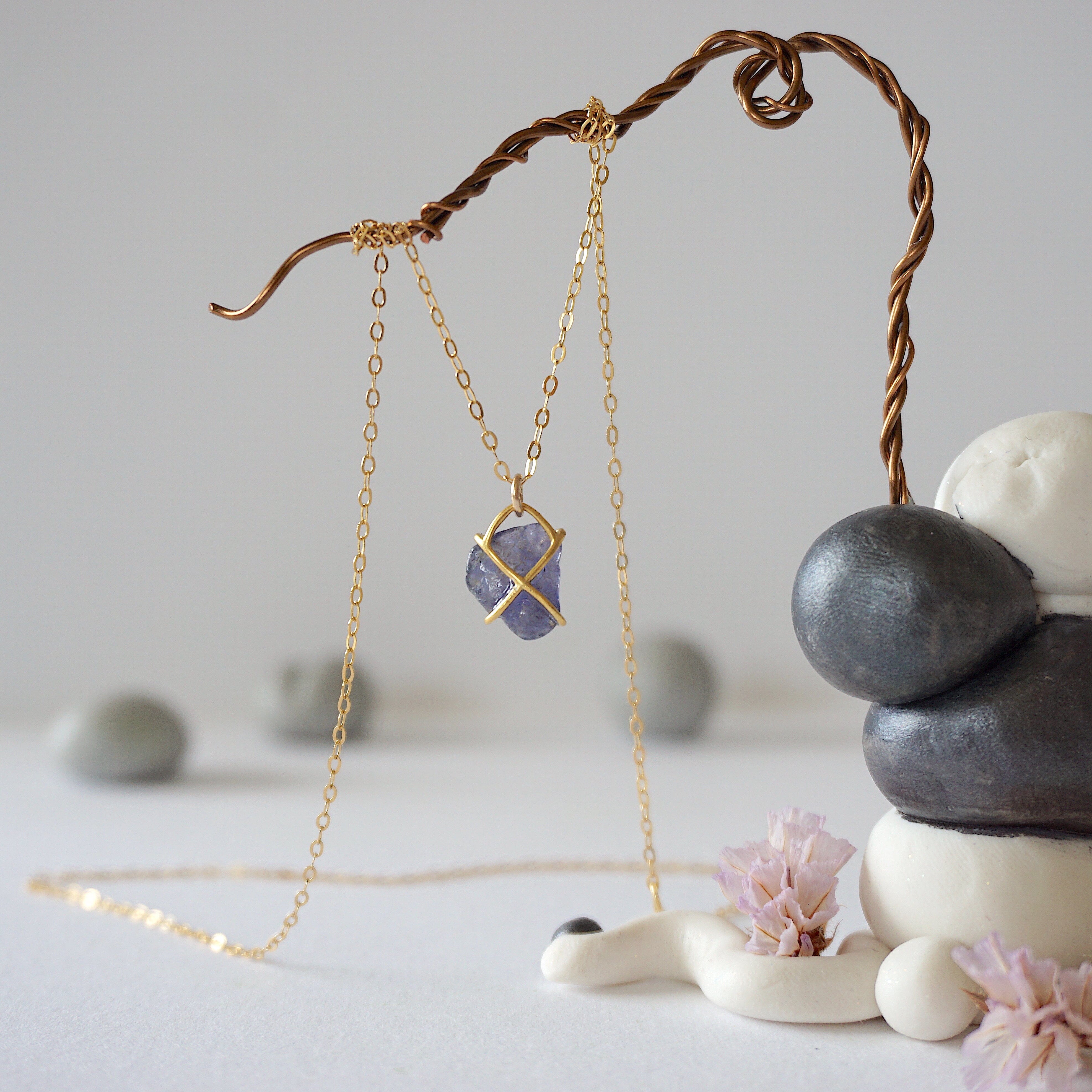 Iolite Sapphire 14K Gold Filled Huggie Charm Necklace for Women - Elegant Dainty Jewelry Gift for Birthday, Anniversary & Valentine's Day