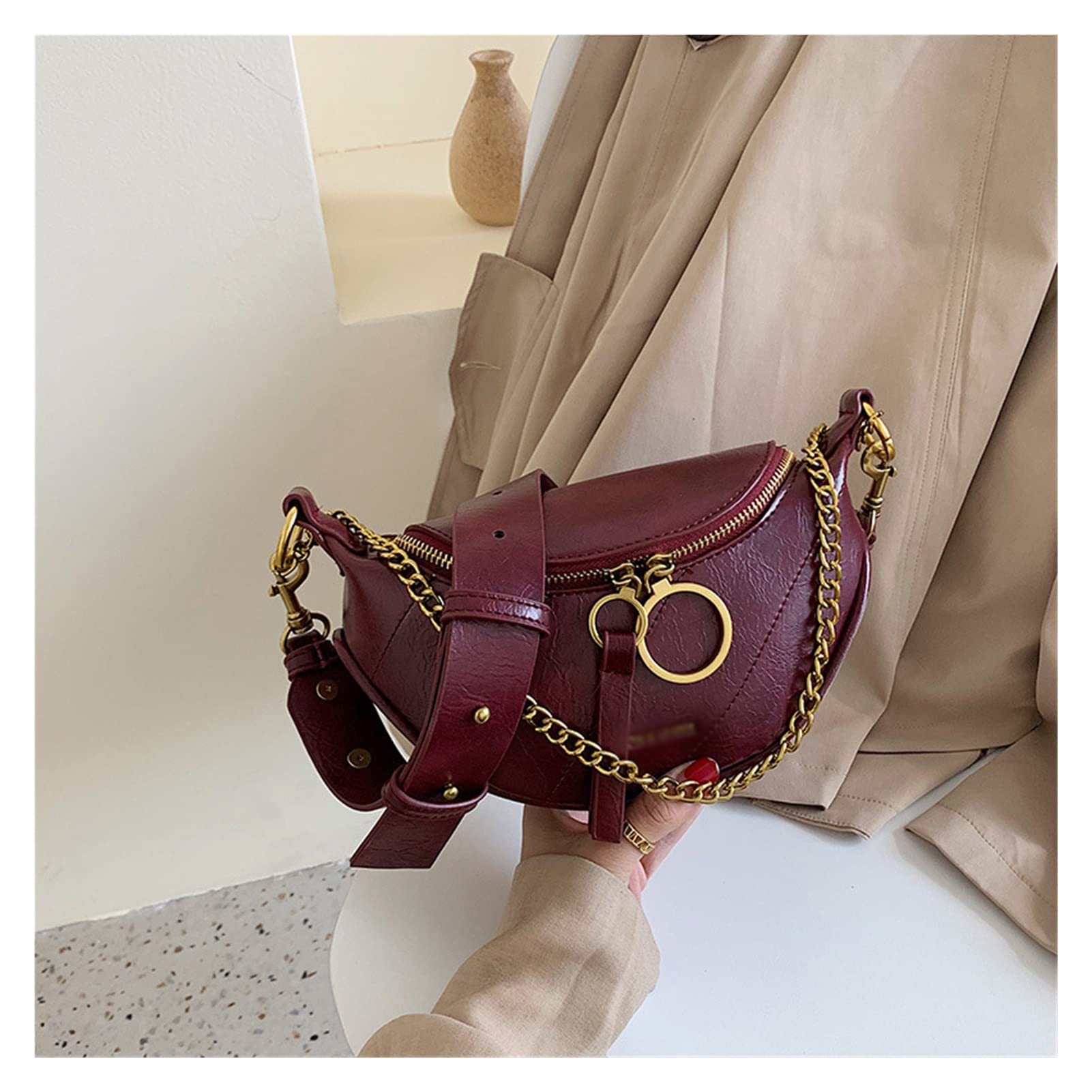 Women's Leather Fanny Pack with Chain Strap - Crossbody Chest Bag, Zipper Waist Pack, Banana Bag for Travel, Concerts & Daily Use (Color: A, Size: One Size)