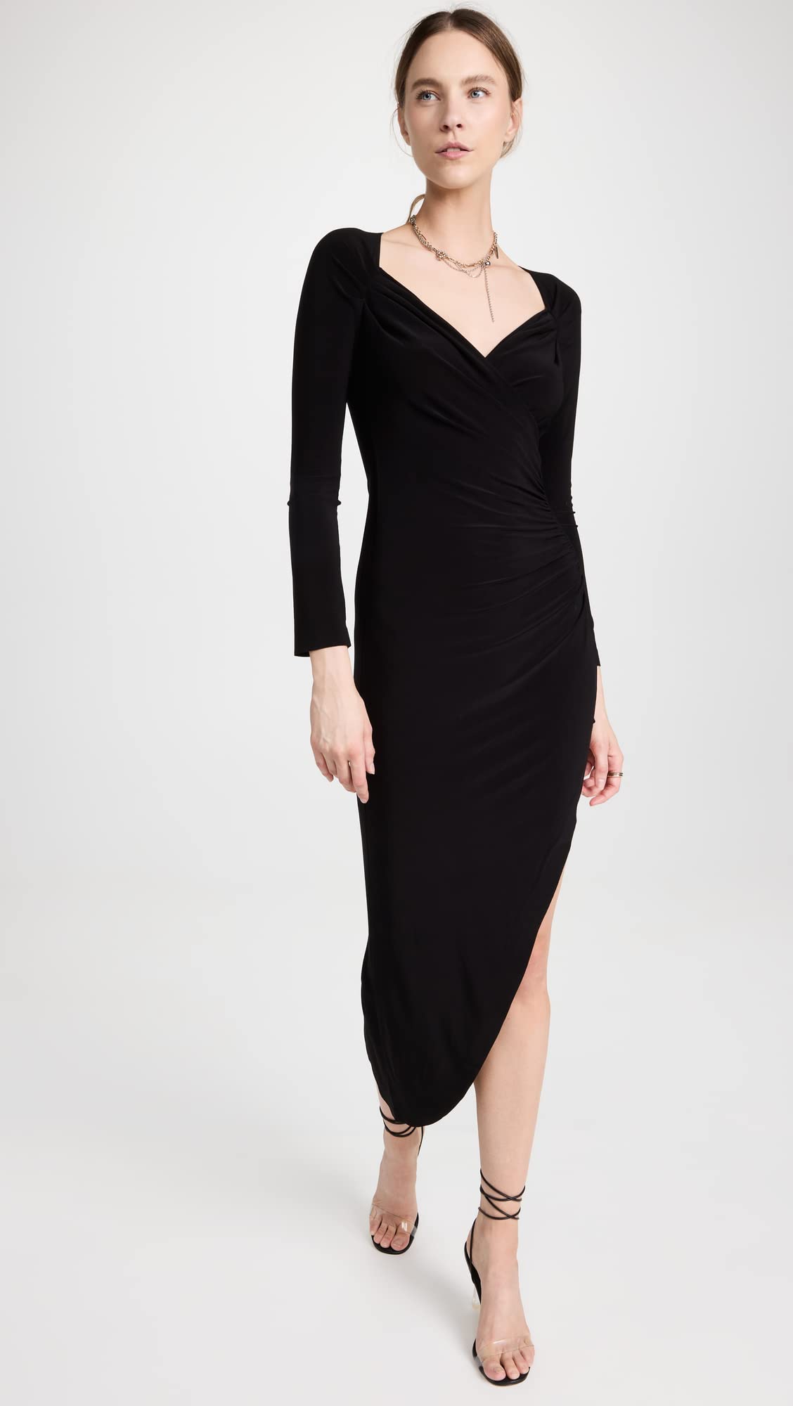 Norma Kamali Women's Long Sleeve Sweetheart Neckline Side Drape Evening Gown - Elegant Formal Dress for Weddings, Galas & Special Occasions