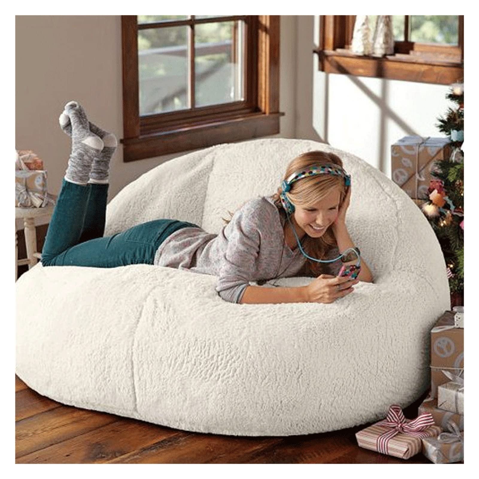 Soft Fluffy Faux Fur Bean Bag Chair Cover - Giant Round Living Room Furniture for Lazy Sofa Bed (No Filling Included) | Perfect for Cozy Lounging, Movie Nights & Dorm Room Decor