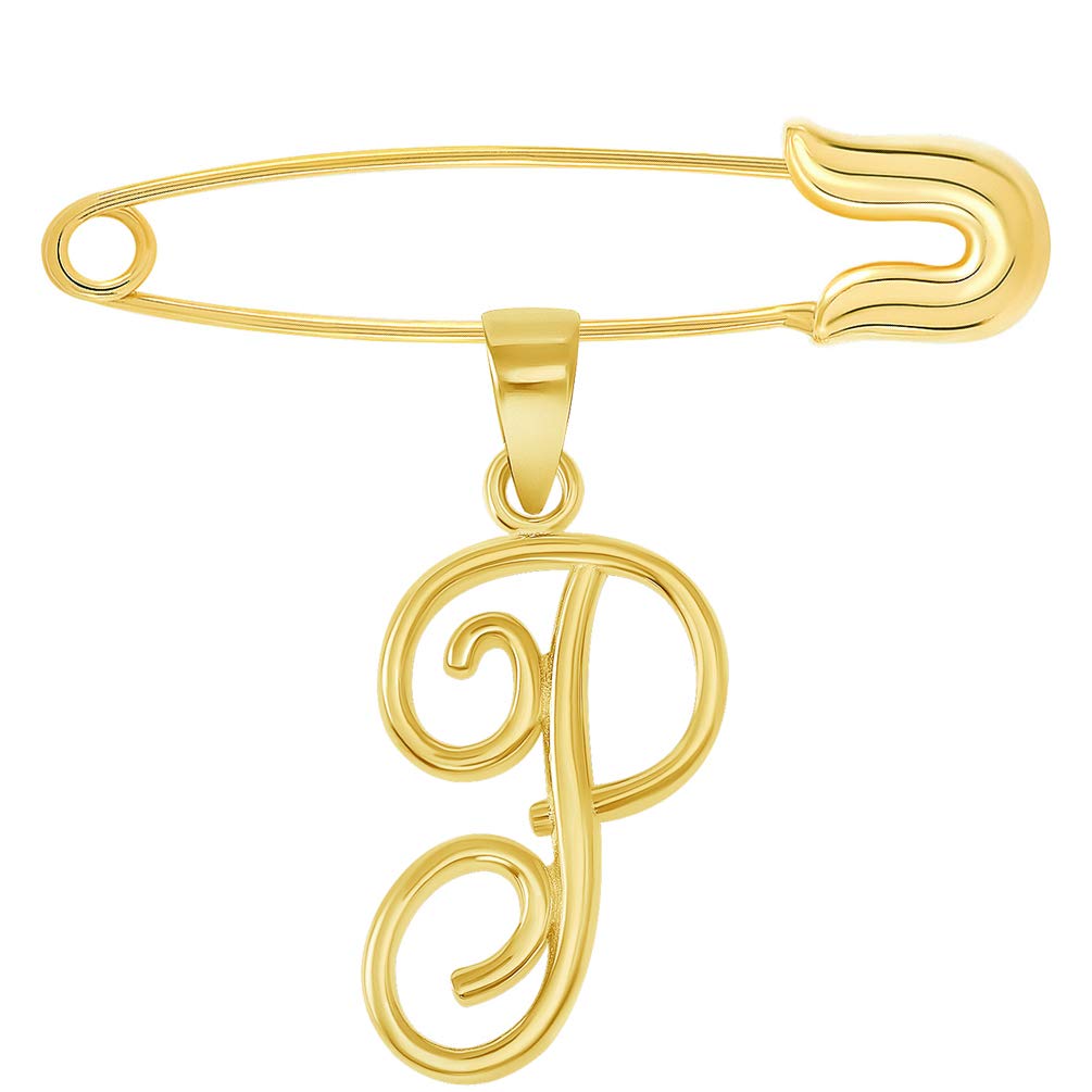 14K Yellow Gold Elegant Script Letter Cursive Initial Charm with Safety Pin Brooch - A to Z Alphabet Personalized Jewelry for Women, Gift for Her, Birthday, Anniversary, Graduation, Mother's Day