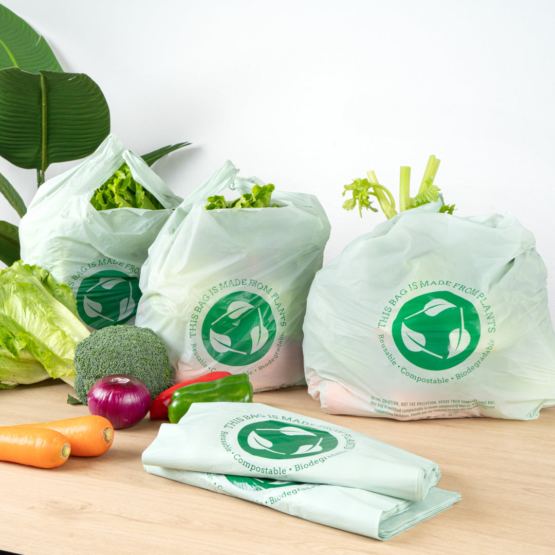 Eco-Friendly Compostable Green Plastic T-Shirt Bags - 1/6 Size (12