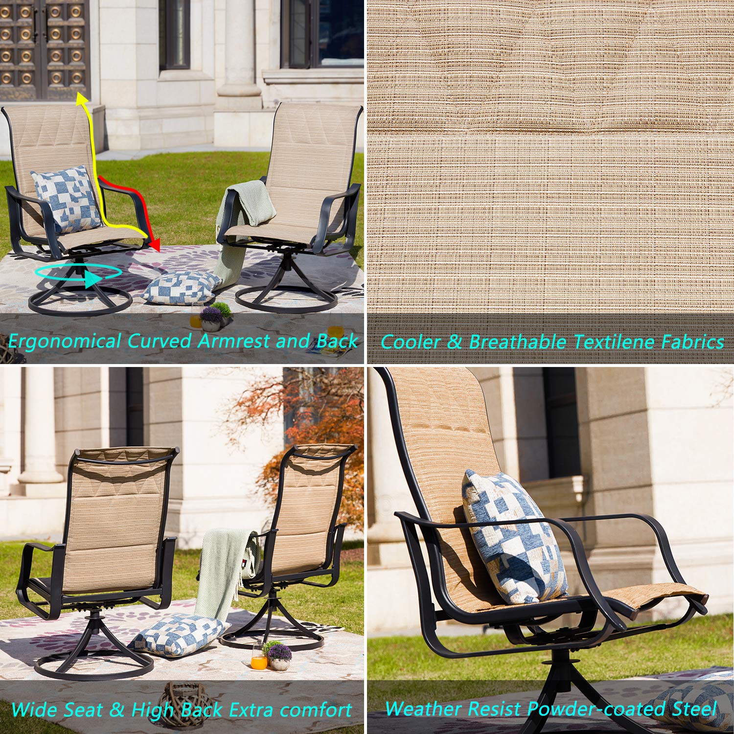 360° Swivel Outdoor Patio Dining Set - 3-Piece Bistro Chairs with Armrests & Square Metal Coffee Table, Beige - Perfect for Deck, Garden, Poolside & Backyard Relaxation