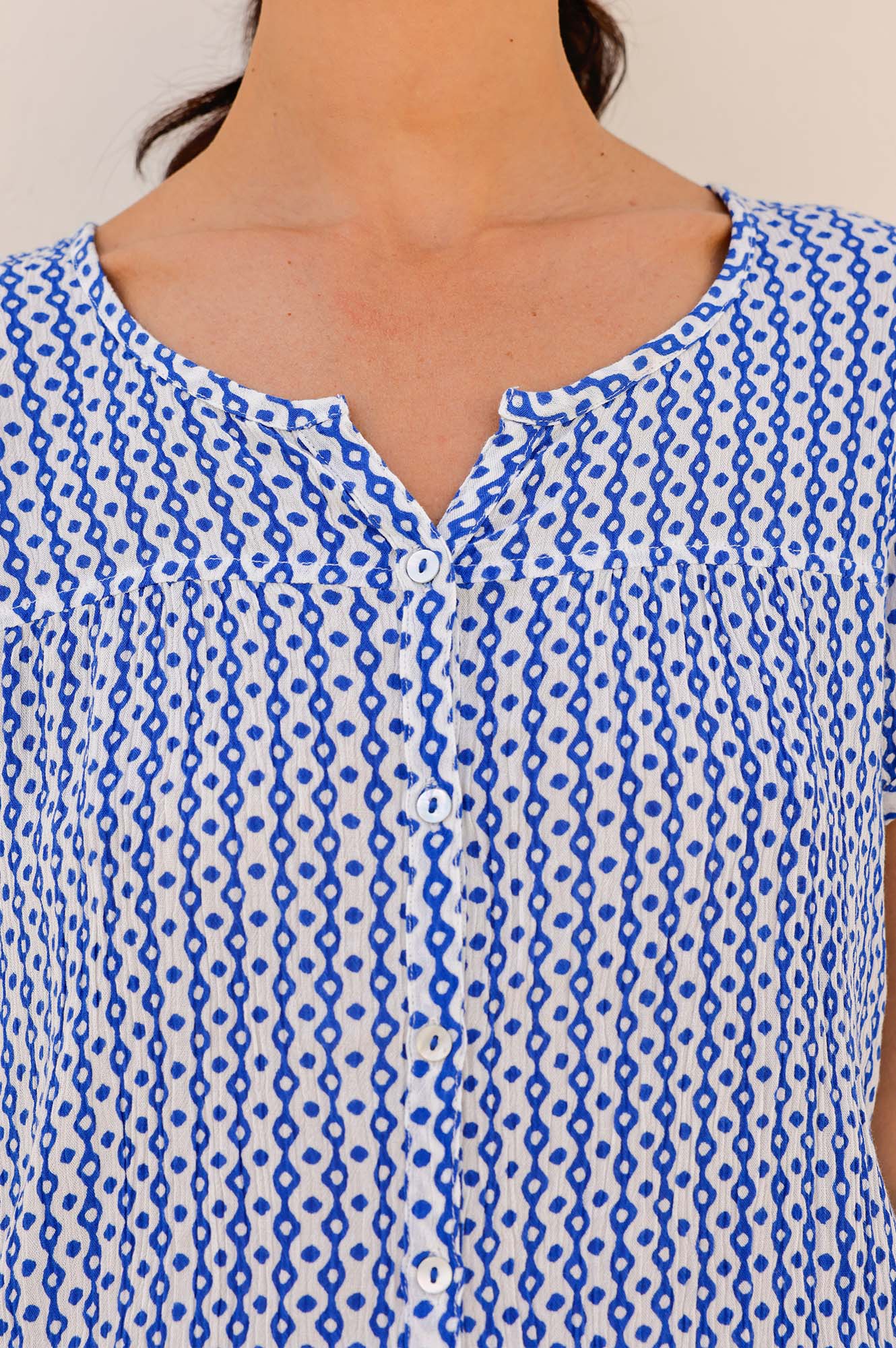 Lisbon Blouse - Santorini Border Blue & White Floral Print Women's Top | Casual Summer Beachwear & Vacation Outfit