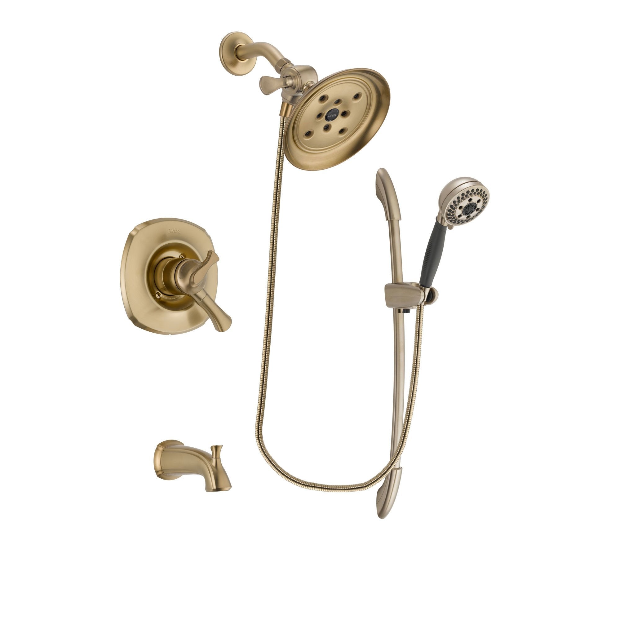 Delta Addison Champagne Bronze Dual Control Tub and Shower Faucet System with Large Rain Shower Head, 5-Spray Handshower & Slide Bar - Includes Rough-in Valve & Tub Spout DSP3389V - Perfect for Bathroom Renovation & Luxury Spa Experience
