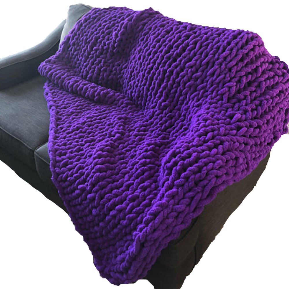 Soft Chunky Chenille Blanket - 200x200cm Oversized Vegan Knit Throw for Couch, Bed & Sofa - Cozy Bulky Knit Blanket in Purple - Perfect for Winter, Gifts & Home Decor