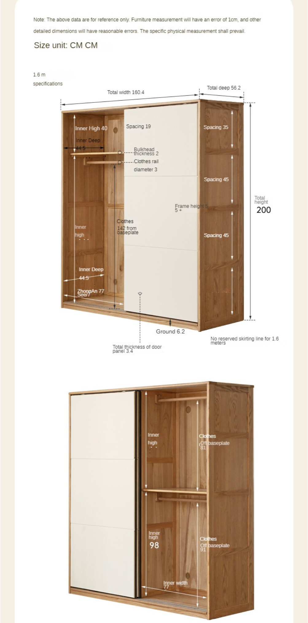 Solid Oak Wood Sliding Door Wardrobe Closet - Spacious Storage for Bedroom, Closet, and Home Organization