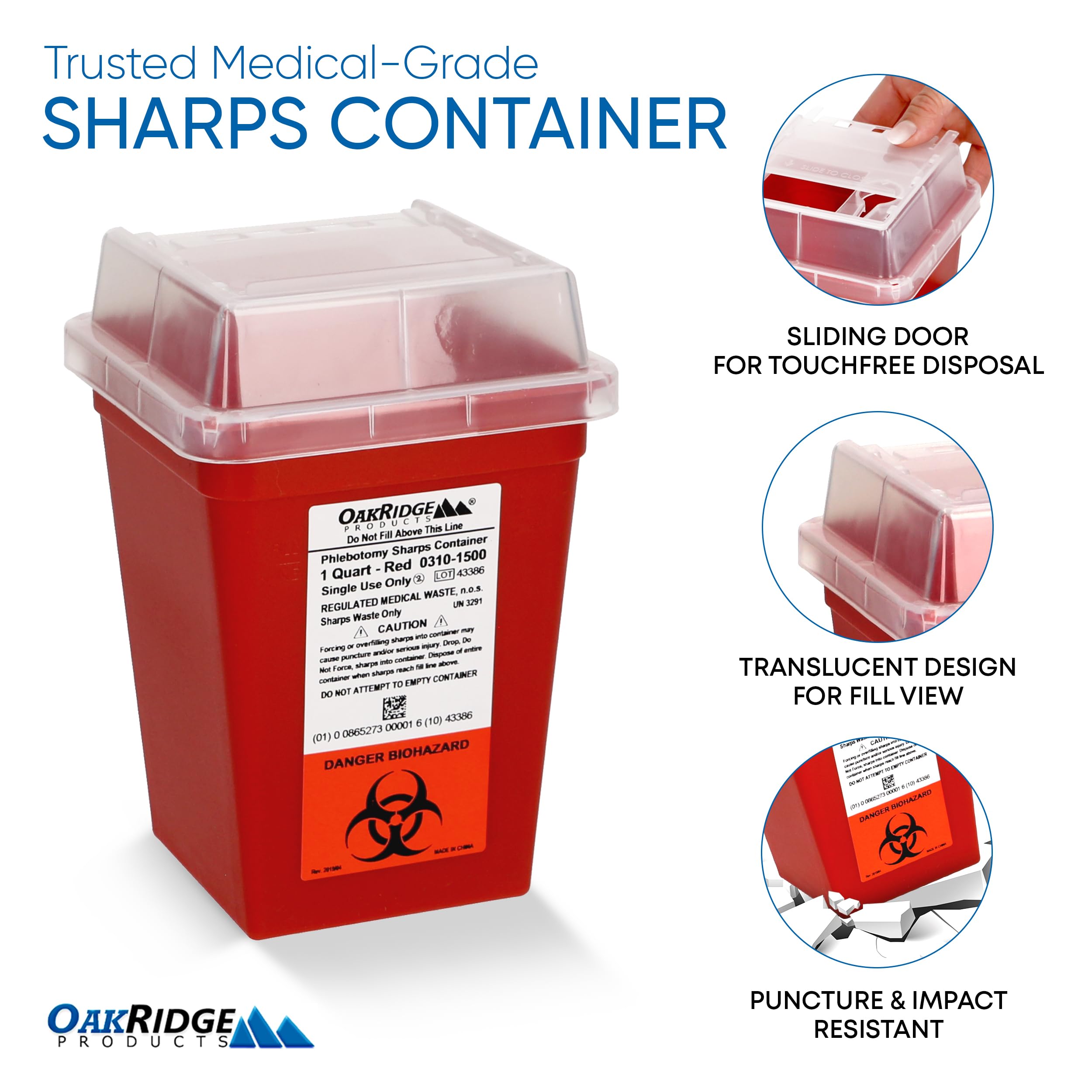 Oakridge 1 Quart Sharps Container - CDC Certified Biohazard Needle & Syringe Disposal for Home, Travel & Medical Use | Portable Safety Solution for Diabetics, Tattoo Artists & Healthcare Professionals