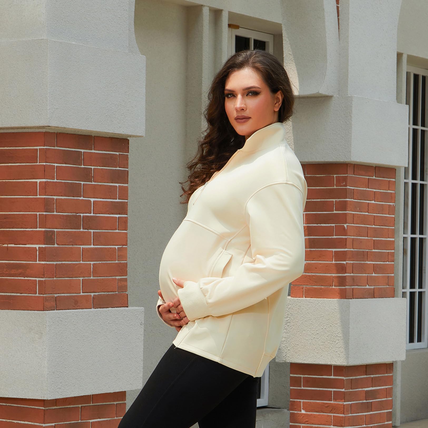 Bhome Maternity Sweatshirt - Half Zip Active Maternity Shirt with Thumbholes & Pockets - Long Sleeve Pullover for Pregnancy Comfort - Perfect for Yoga, Walking & Everyday Wear