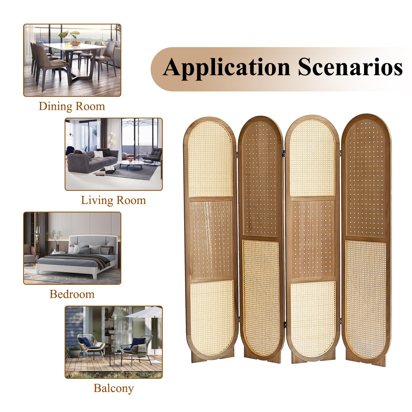 Rattan Room Divider Panel - 4-Panel Folding Privacy Screen with 16 Hooks | Pegboard Display for Jewelry Store, Bazaar & Bedroom | Wooden Partition Wall for Home, Office & Retail Spaces (Brown)