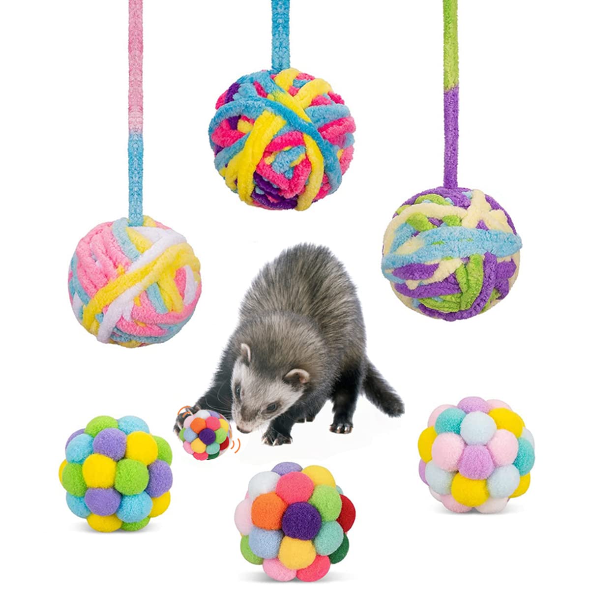 HAICHEN TEC Ferret Toys Ball Set - 6 Pack Colorful Woolen Yarn Cat Balls with Built-in Bell, Soft Pompom Balls for Interactive Play, Exercise & Chewing - Perfect Indoor Toys for Cats, Kittens & Small Pets - Great for Playtime, Training & Stress Relief