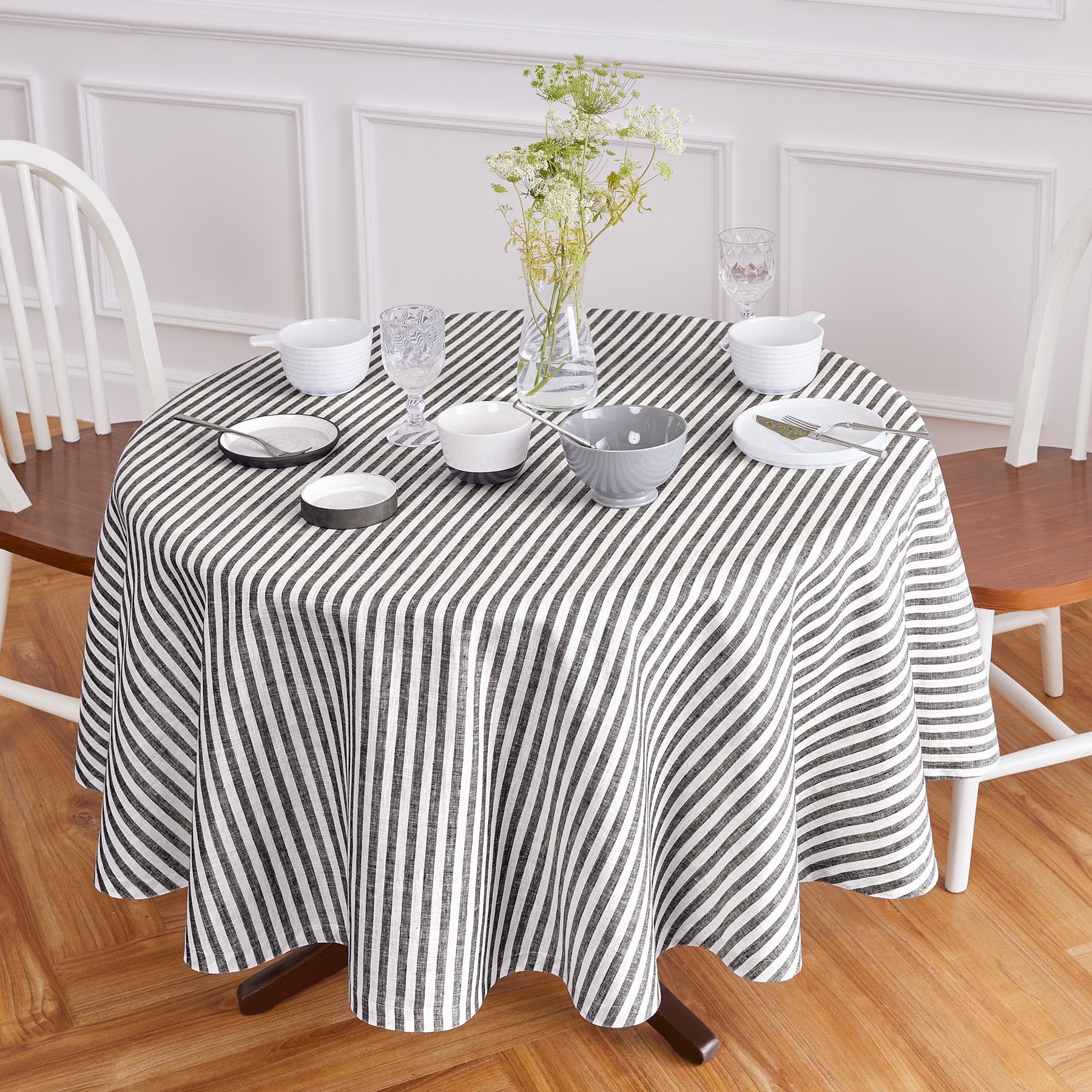 Amalfi Stripe Round Tablecloth - Waterproof & Stain-Resistant 60-Inch Dining Table Cover for Indoor/Outdoor Use - Perfect for Parties, Picnics, and Family Gatherings