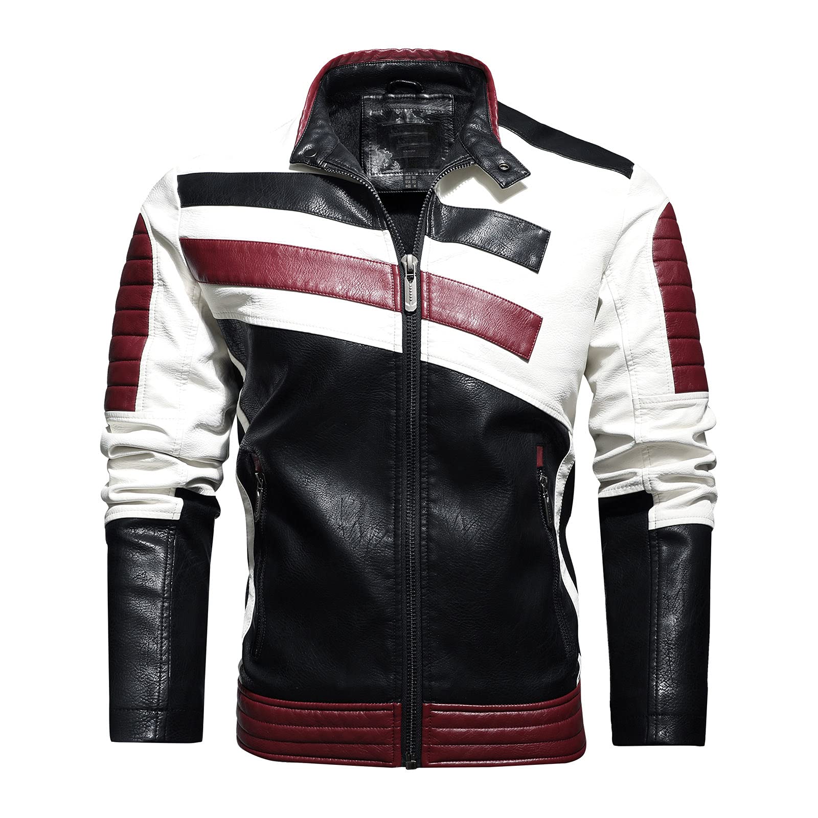 Men's Winter Fashion Stripe Leather & Velvet Jacket - Stand Collar Long Sleeve Warm Coat for Cold Weather | Casual Outwear for Street Style & Outdoor Activities