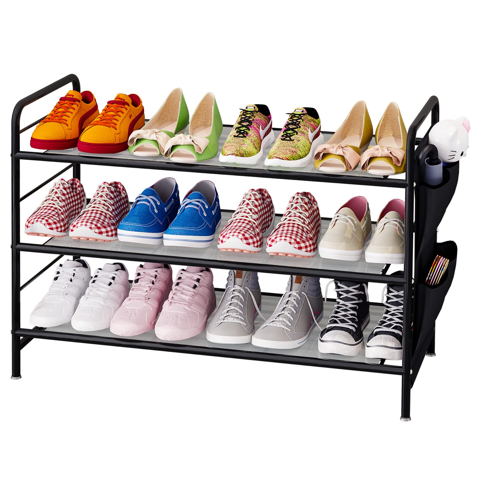 3-Tier Metal Shoe Rack Organizer with Hanging Bag - Sturdy Wire Grid Shoe Shelf for Entryway, Closet, Bedroom & Garage Storage - Space-Saving Shoe Stand for Indoor/Outdoor Use - Black