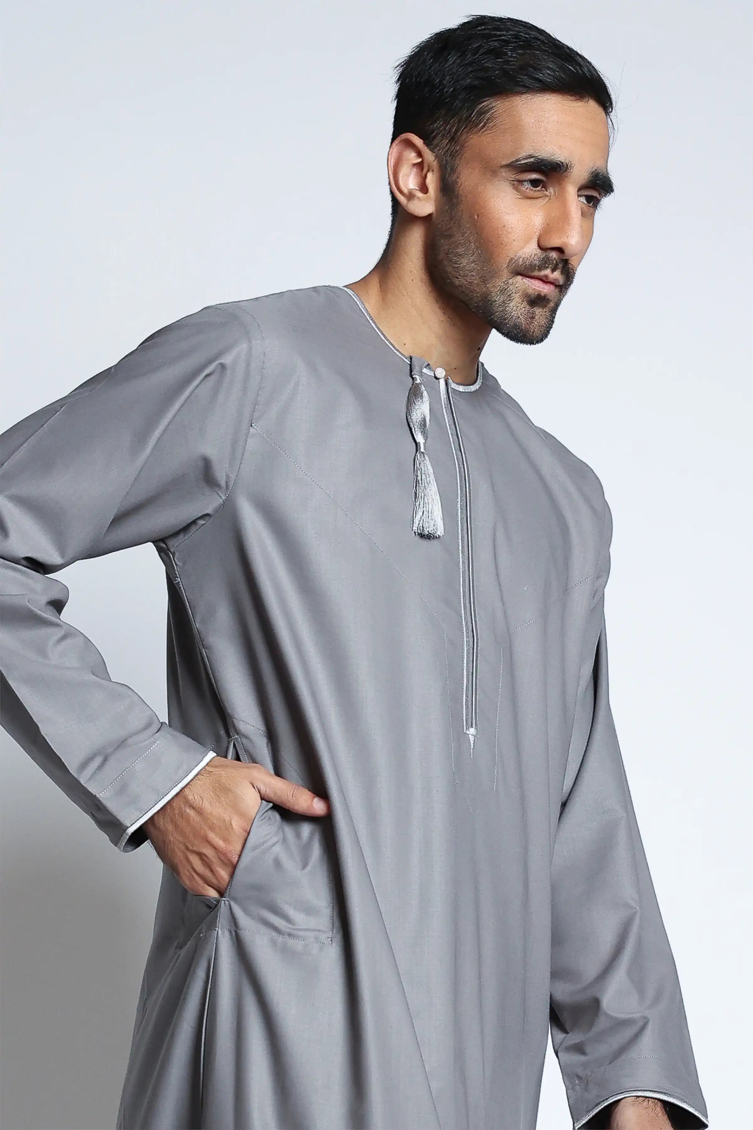 Premium J143 C1 Grey Habeel Thobe for Men - Traditional Islamic Robe - Comfortable & Stylish Eid Outfit - Perfect for Prayer, Mosque & Special Occasions