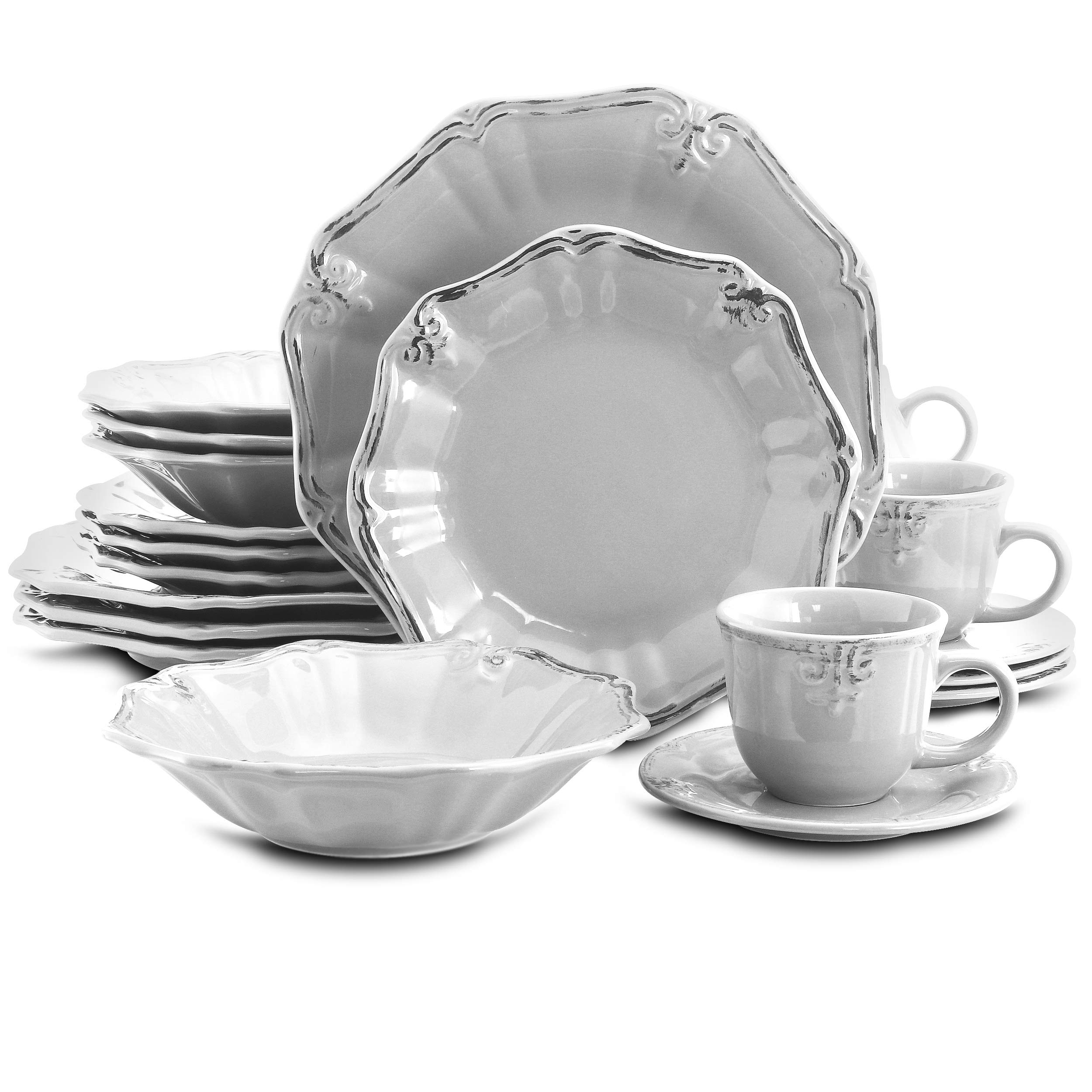 20-Piece White Textured Stoneware Dinnerware Set with Beveled Edge - Microwave Safe, Dishwasher Safe - Perfect for Casual Dining, Family Gatherings & Everyday Use