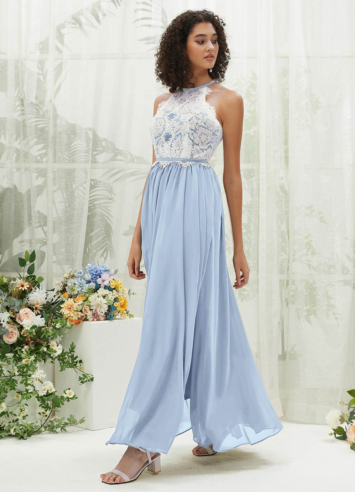 Cornflower Blue Lace Halter Neck Backless Chiffon Slit Bridesmaid Dress - Elegant Formal Gown for Weddings, Prom & Special Occasions