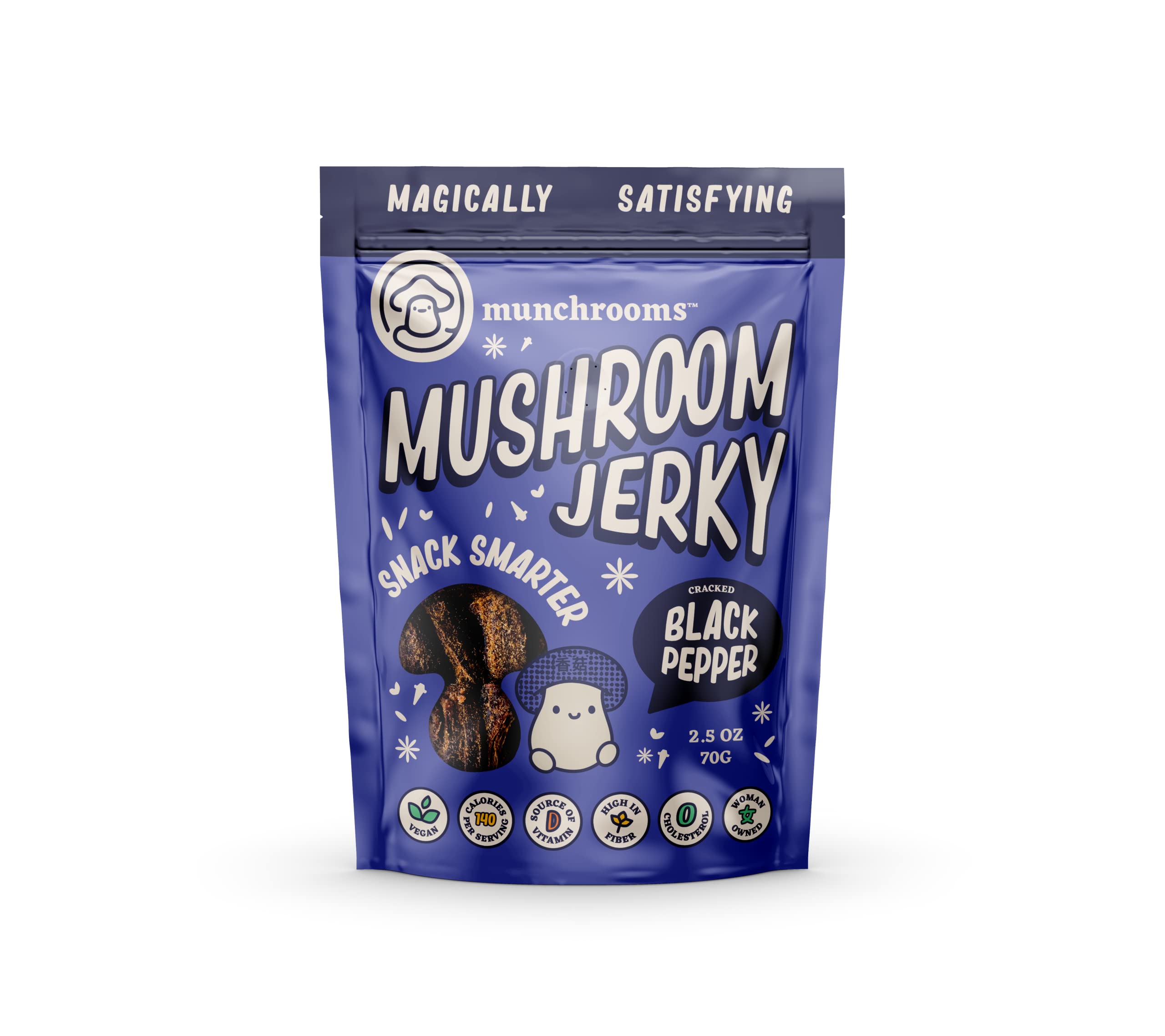100% Plant-Based Vegan Mushroom Jerky - Cracked Black Pepper Flavor | Healthy Vegan Snacks, Non-GMO, Gluten-Free | Made with Shiitake Mushrooms | 2.5oz (70g) 6-Pack | Perfect for Hiking, Camping & On-the-Go Snacking
