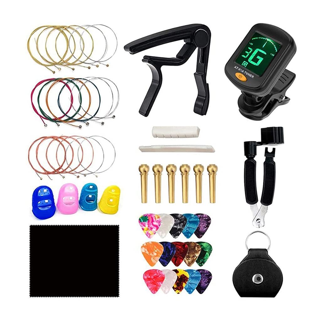 Premium Guitar Accessories Kit - 6-in-1 Set with Replacement Strings, Capo, Tuner, Pickup, Cleaning Cloth & Nails - Complete Guitar Maintenance & Repair Tools for Acoustic/Electric Guitars - Perfect for Home Practice, Studio Recording & Live Performances