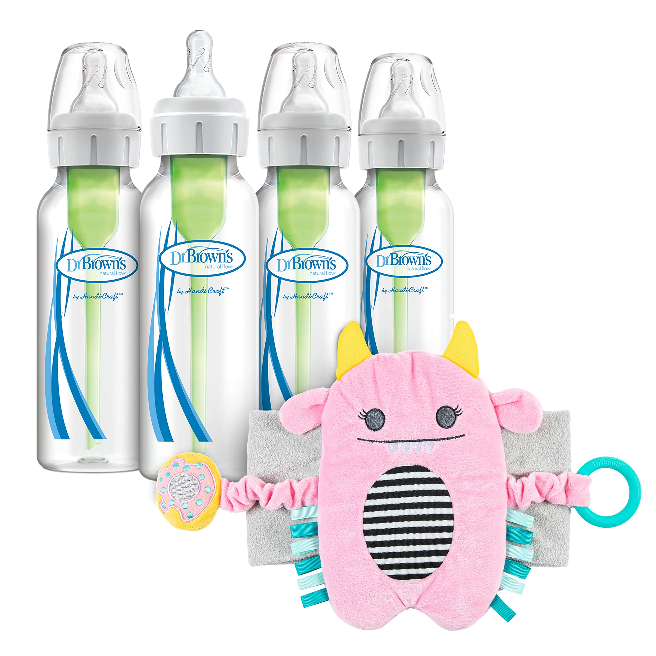 Dr. Brown’s Anti-Colic Options+ Narrow Baby Bottles with Level 1 Nipples – 8oz 4-Pack & Gripebelt for Colic, Gas & Upset Stomach Relief – Newborn & Toddler Feeding Essentials – Perfect for Daycare, Travel & Nighttime Feeding – Pink Monster Design