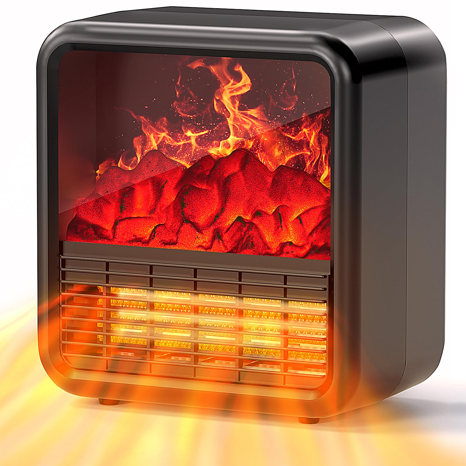 Small Portable Space Heater with Realistic 3D Flame - 1500W/750W PTC Ceramic Heater, Thermostat & Tip-Over Protection - Mini Electric Fireplace for Bedroom, Office & Indoor Use - Black