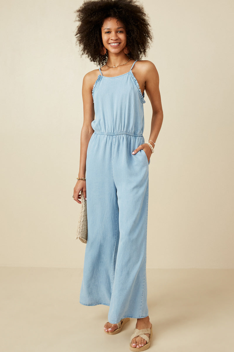Women's Ruffled Halter Wide-Leg Denim Tencel Jumpsuit - Stylish Summer Romper for Beach, Vacation & Casual Outings