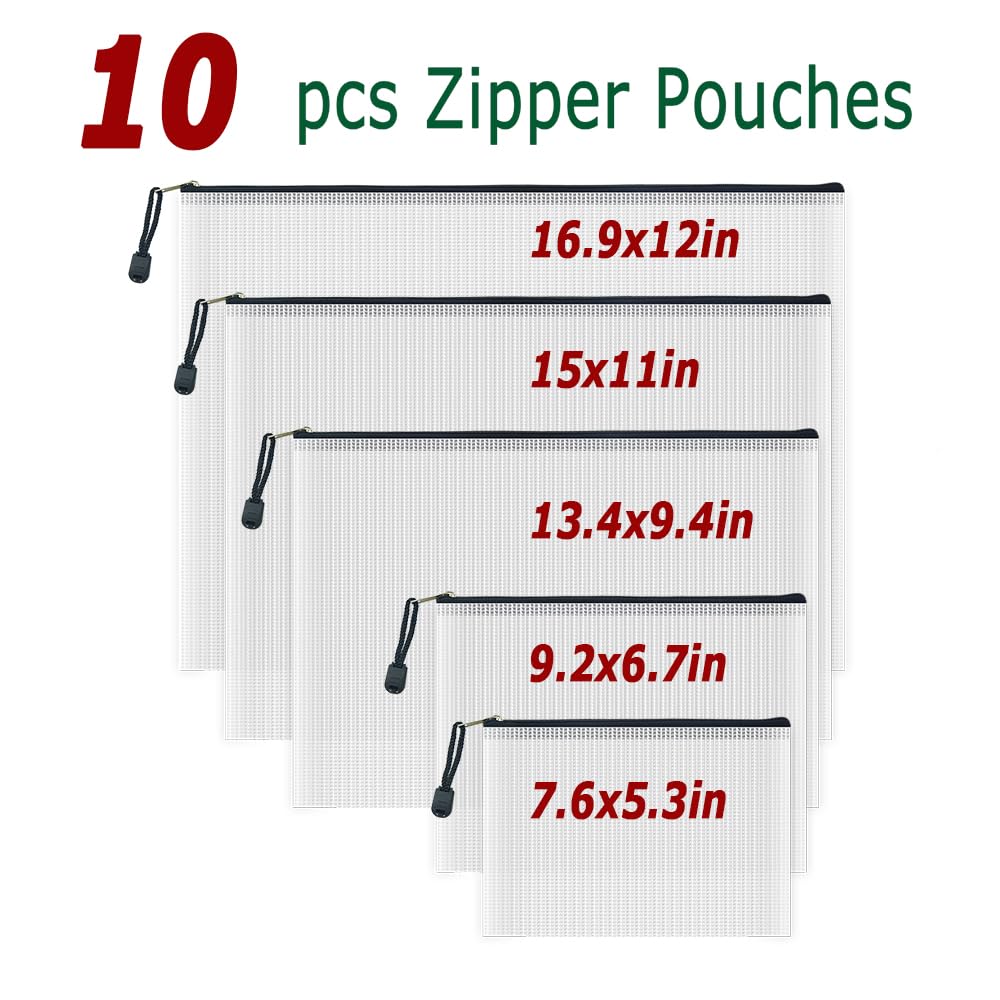 10-Pack Waterproof Mesh Zipper File Bags - Multi-Size Document Organizer for Office & School Supplies - Durable Plastic Storage Pouches for Board Games, Travel & Craft Organization (White & Black)