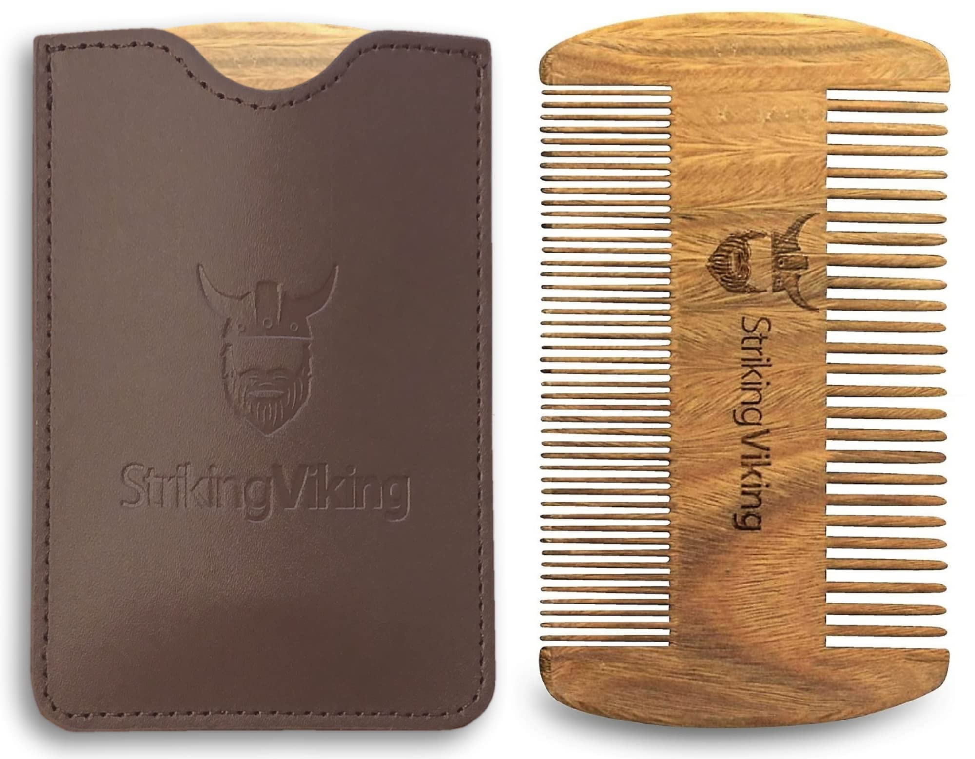 Premium Viking Sandalwood Beard Comb with Travel Case - Dual-Sided Fine & Coarse Teeth for Men's Grooming - Perfect for Beard Oil, Balm & Styling - Ideal for Travel, Home & Barbershop Use