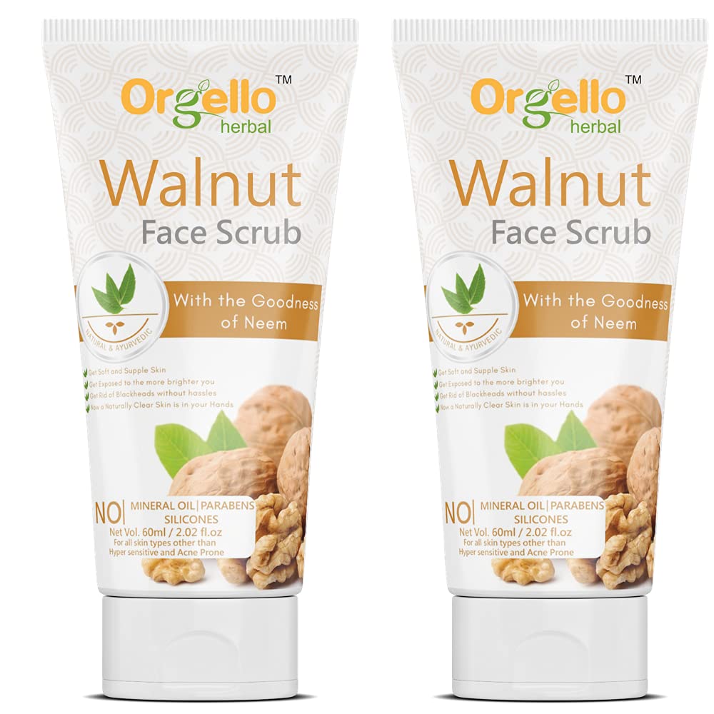 Orgello Herbal Walnut Scrub 60g (Pack of 2) - Natural Face & Body Exfoliator for Men & Women - SLS, Paraben & Mineral Oil Free - Ideal for Normal, Oily & Dry Skin - Perfect for Daily Skincare Routine & Spa Treatment at Home