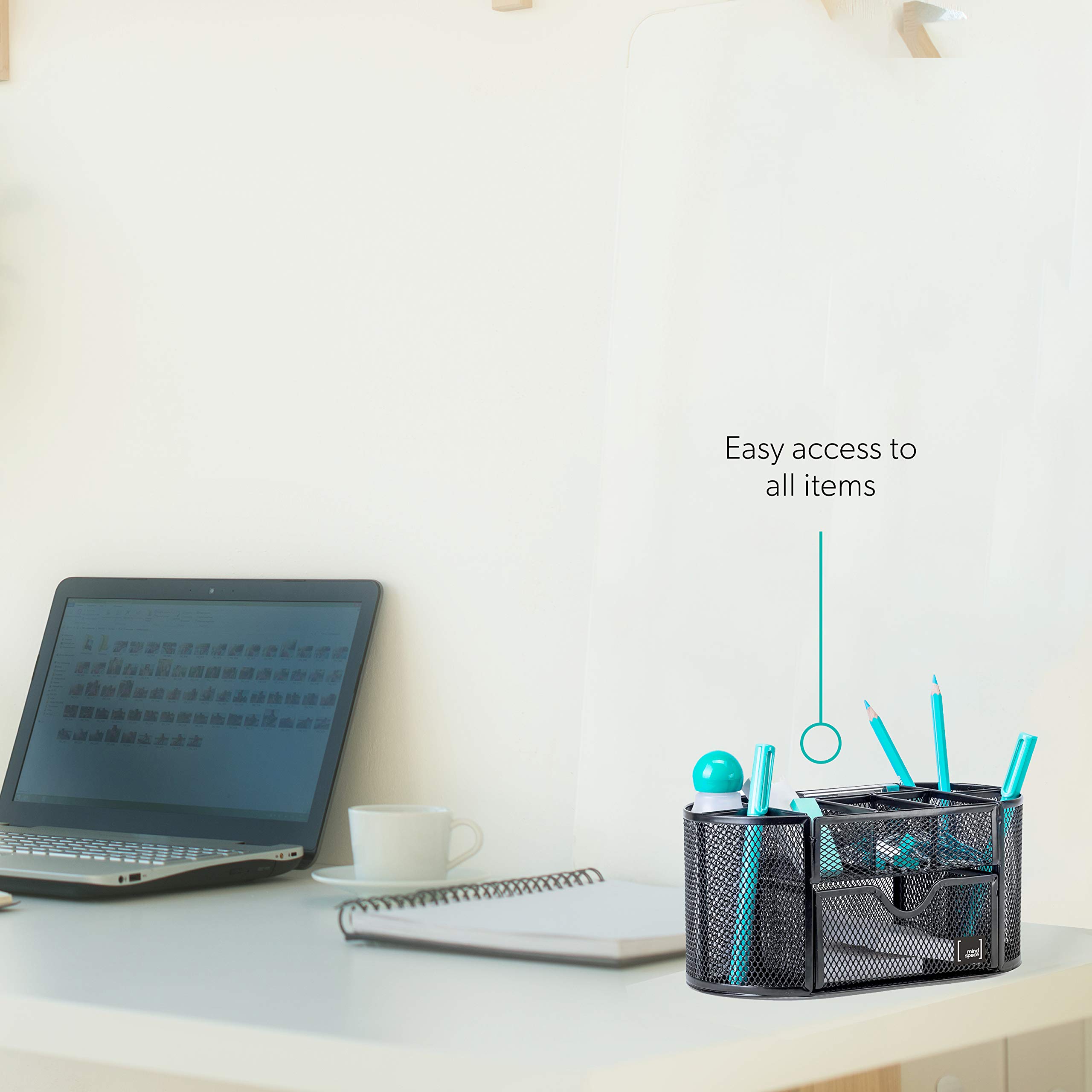 Mindspace Mesh Desk Organizer with 8 Compartments & Drawer - Black Office Desk Caddy for Pens, Pencils, Paper Clips & Office Supplies | Perfect for Home Office, Study Desk & Workspace Organization