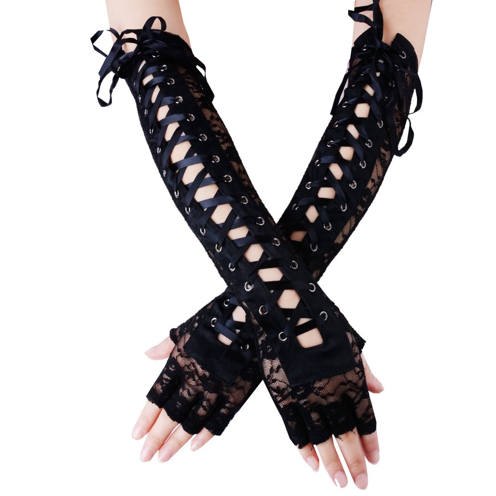 JISEN Women's Fingerless Gloves - Elbow Lace Up Steampunk Arm Warmers for Cosplay, Gothic Fashion & Winter Outfits