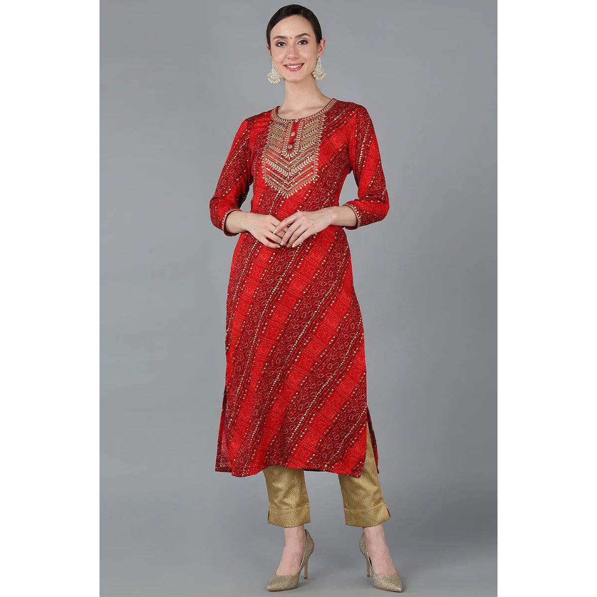 Stylish Red Viscose Rayon Geometric Print Straight Kurta for Women | Comfortable Ethnic Tunic Top | Perfect for Festivals, Parties & Casual Wear