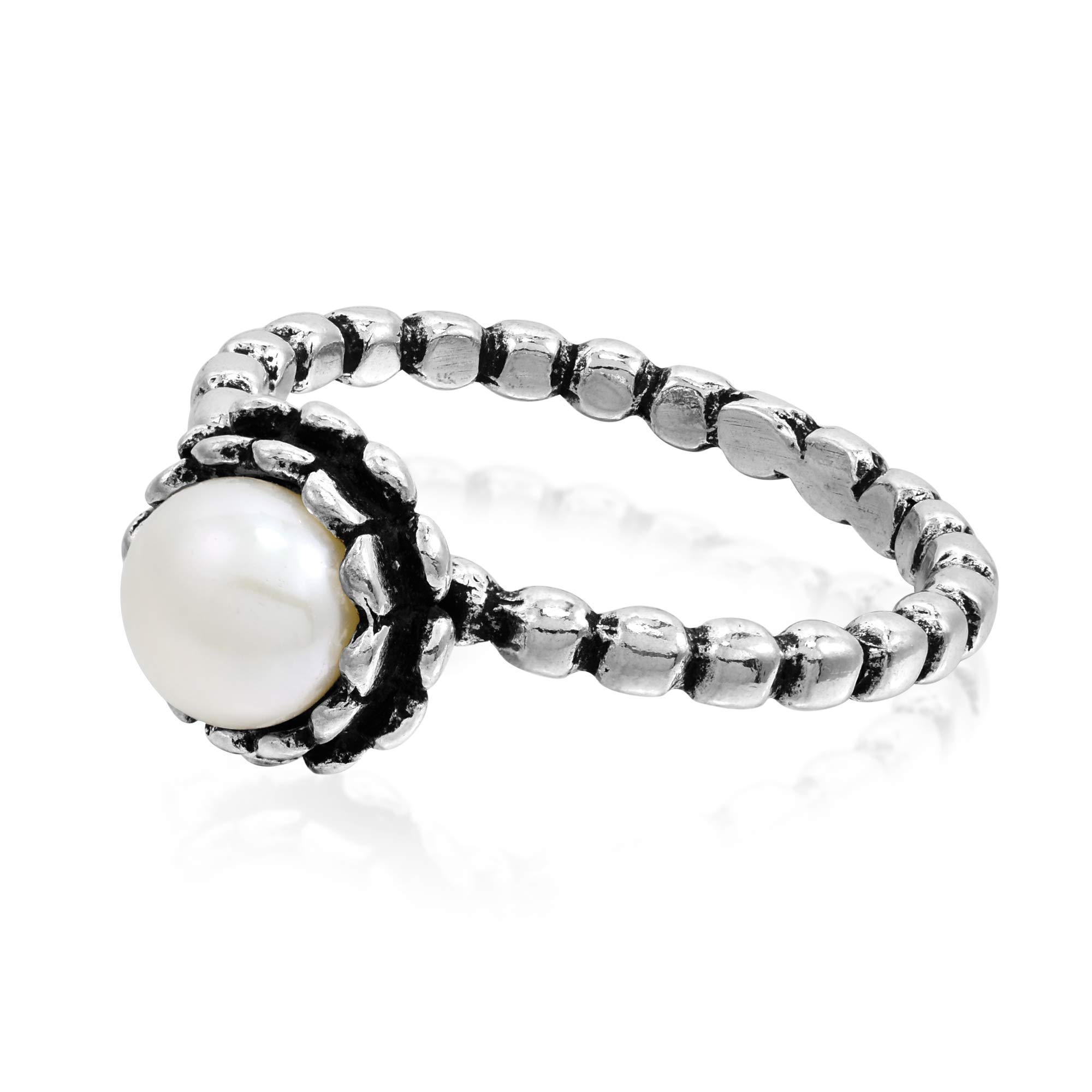 Aeravida White Faux Pearl Rose Blossom Sterling Silver Textured Band Ring for Women | Elegant Wedding, Engagement & Promise Ring | Comfort Fit Fashion Jewelry | Perfect Gift for Daughter, Wife, Girlfriend | Sizes 6-9 | Ideal for Date Night, Anniversary & Special Occasions