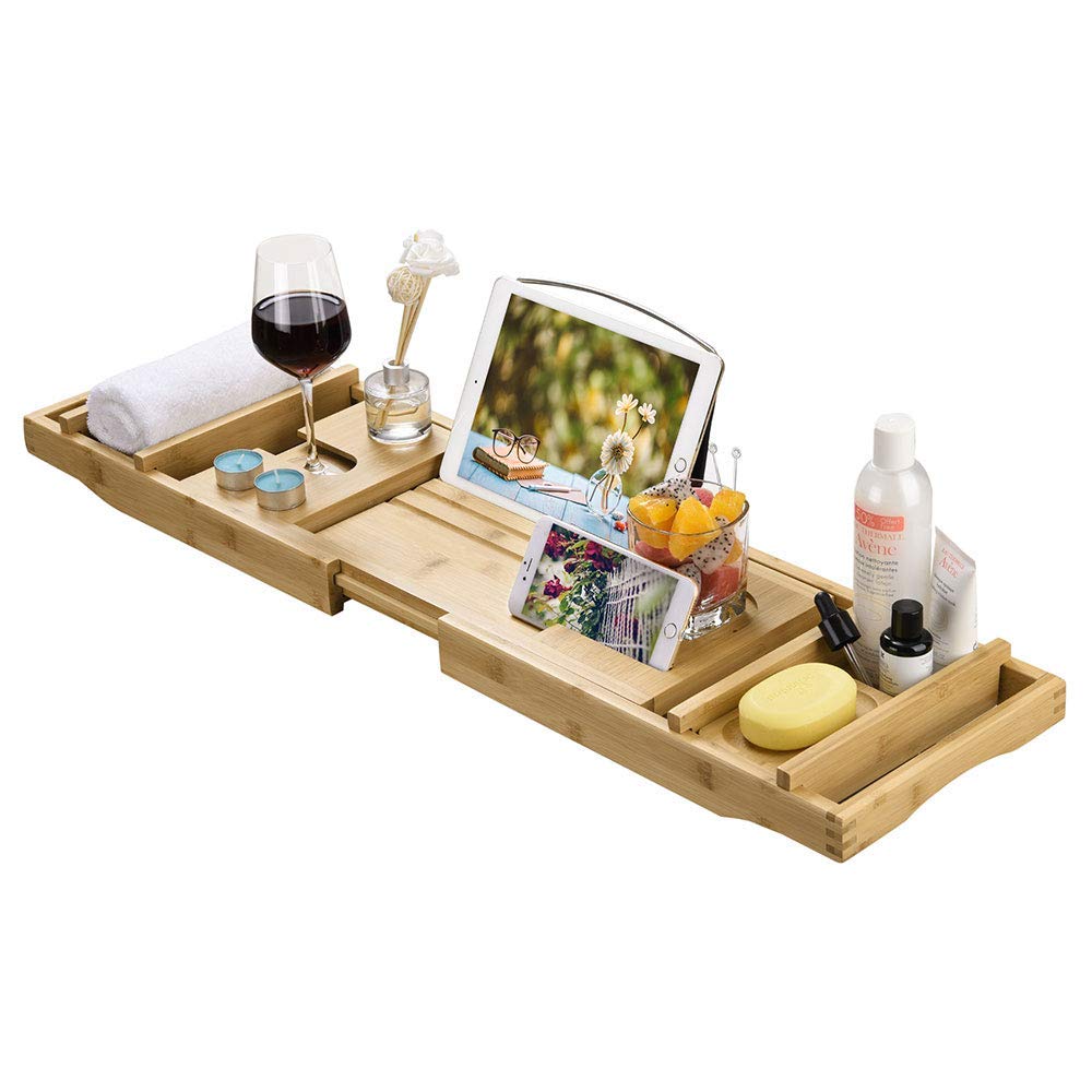 Luxury Bamboo Bathtub Tray - Adjustable Spa Bath Caddy for Laptop, Wine Glass, Phone & Book Holder - Perfect for Relaxing Baths, Reading & Wine Nights
