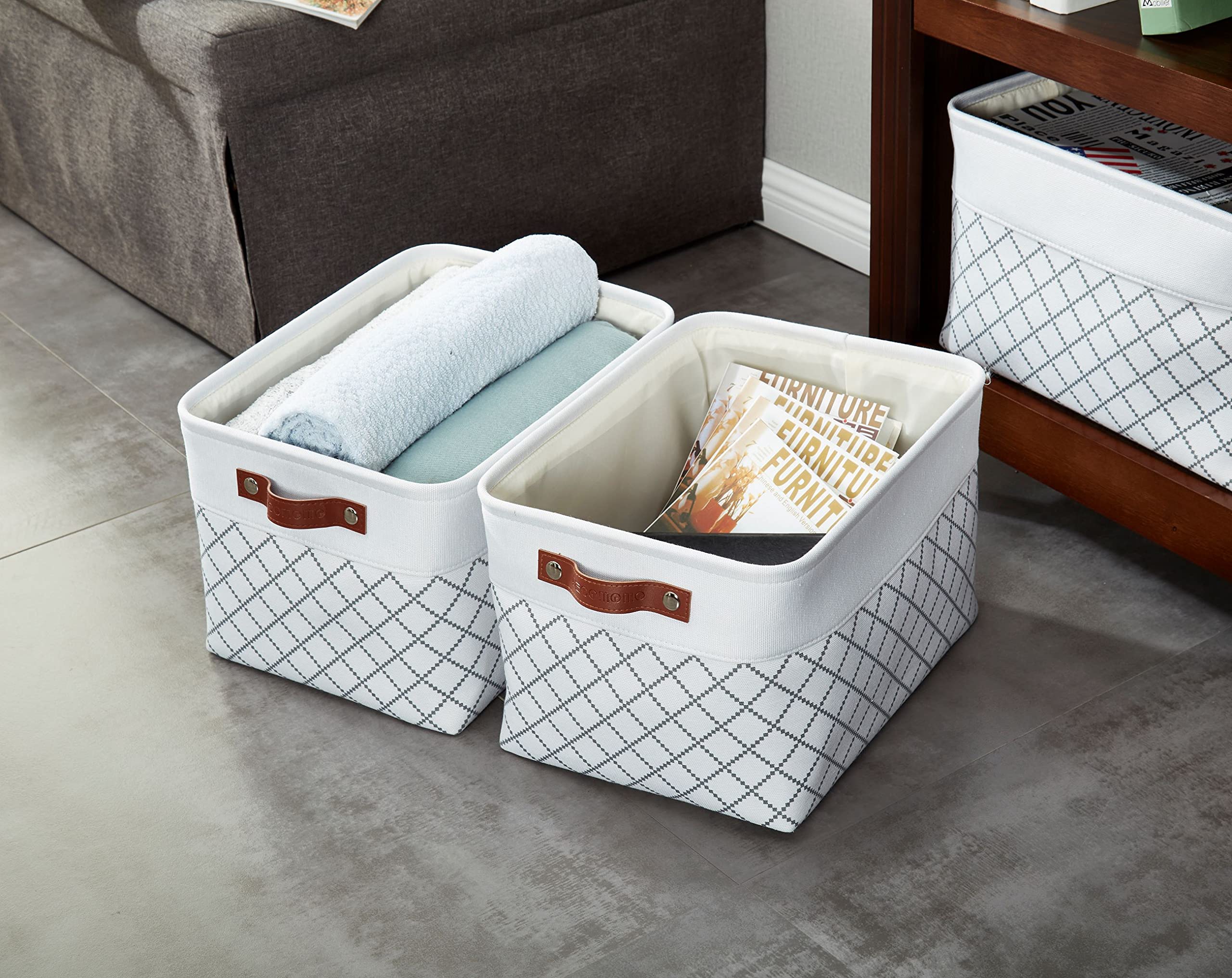 DECOMOMO White Fabric Storage Bins - Large 3-Pack Organizing Baskets for Shelves, Closet, Nursery & Toy Storage | Perfect for Home Organization, Baby Room & Playroom (White Check Pattern)