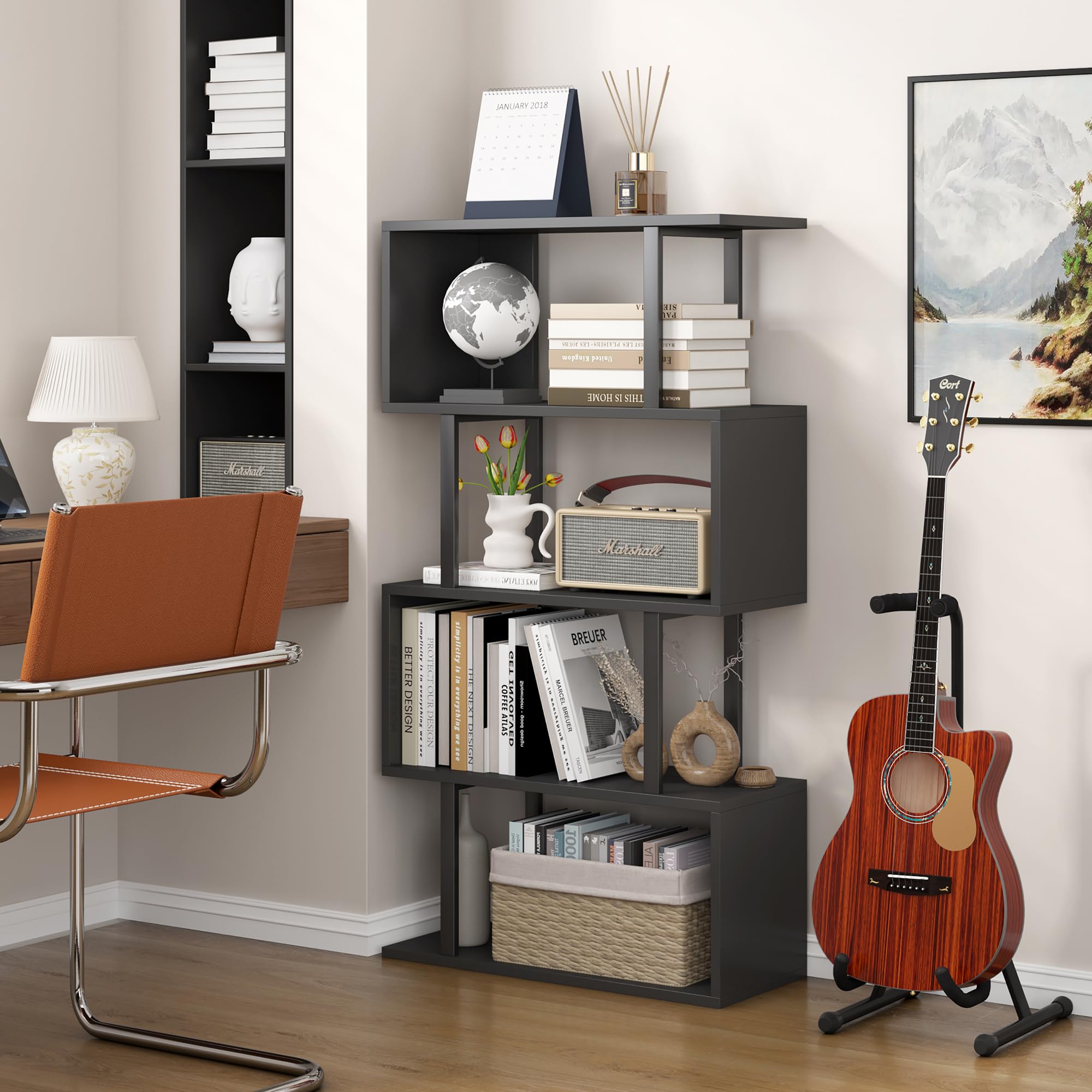 Yusong Geometric Bookcase - 4-Tier S-Shaped Bookshelf for Bedroom & Home Office, Modern Wooden Display Shelf for Books & Decor, Black - Perfect for Small Spaces & Stylish Storage Solutions
