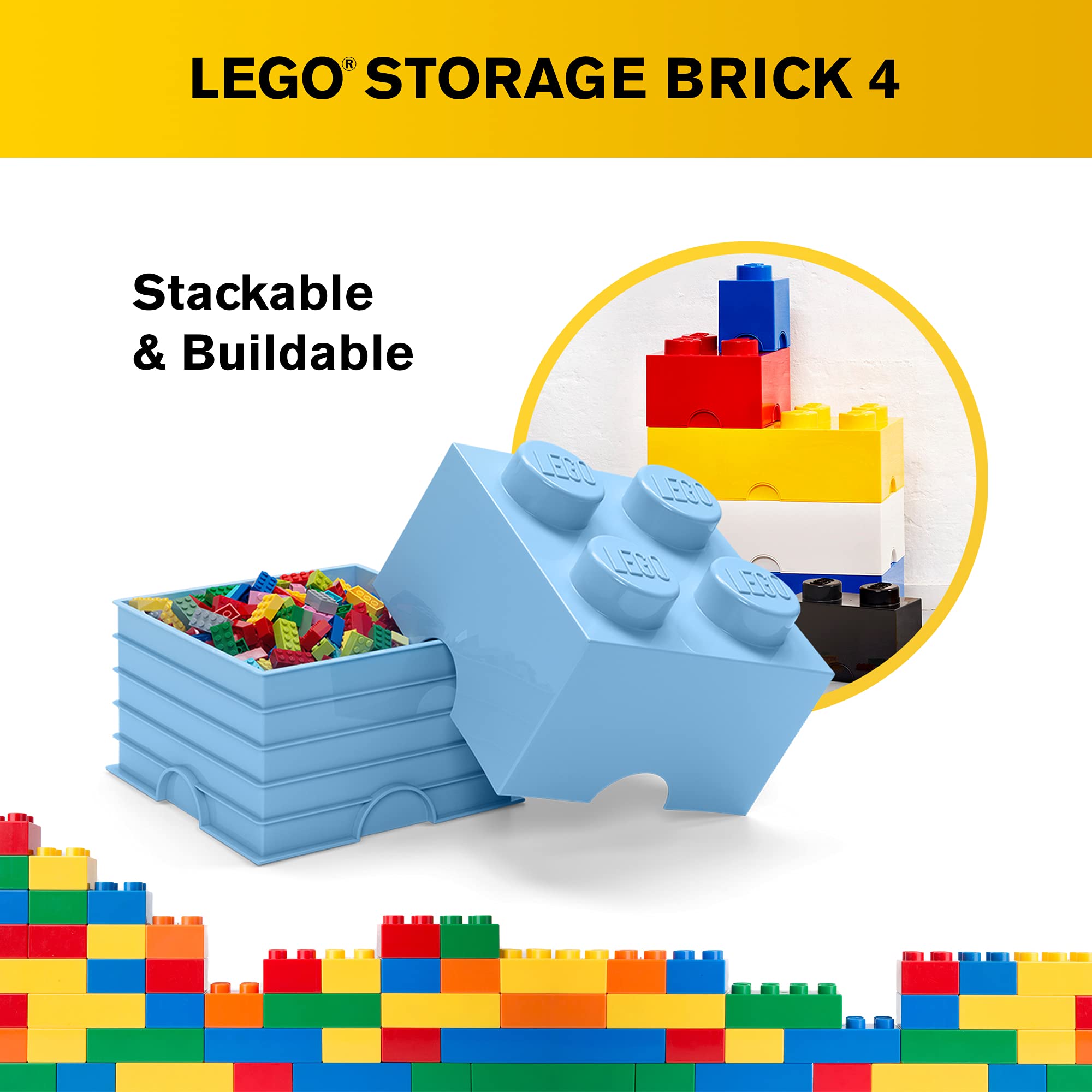 LEGO Brick Storage Box - Stackable Toy Organizer for Kids Room | Light Royal Blue Building Block Container (9.84x9.84x7.09in) | Perfect for LEGO Toy Storage, Playroom Organization & Kids Bedroom Decor
