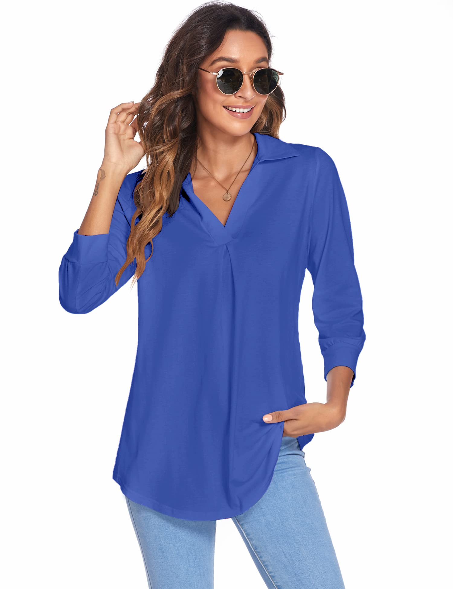 Newchoice Women's Collared V-Neck 3/4 Sleeve Blouse - Business Casual Loose Fit Tops for Work & Office (Sizes S-3XL) | Perfect for Office Wear, Business Meetings & Professional Outfits
