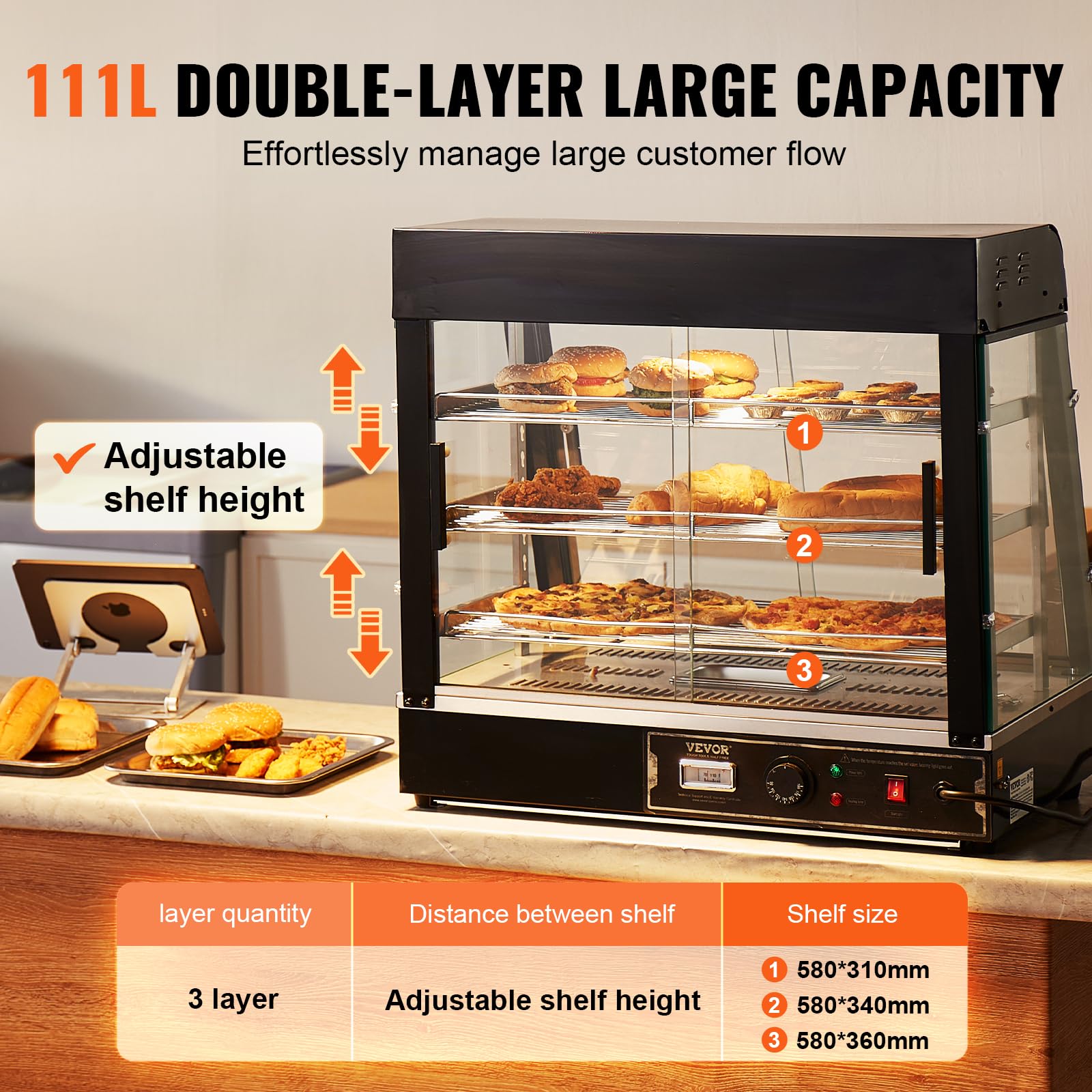 VEVOR 3-Tier Commercial Food Warmer Display - 1200W Electric Food Warmer with LED Light, Adjustable Shelves & Digital Temperature Control (86°F-185°F), 111L Capacity - Perfect for Restaurants, Cafes & Buffets Serving Burgers, Pizza, Bread & Fried Chicken