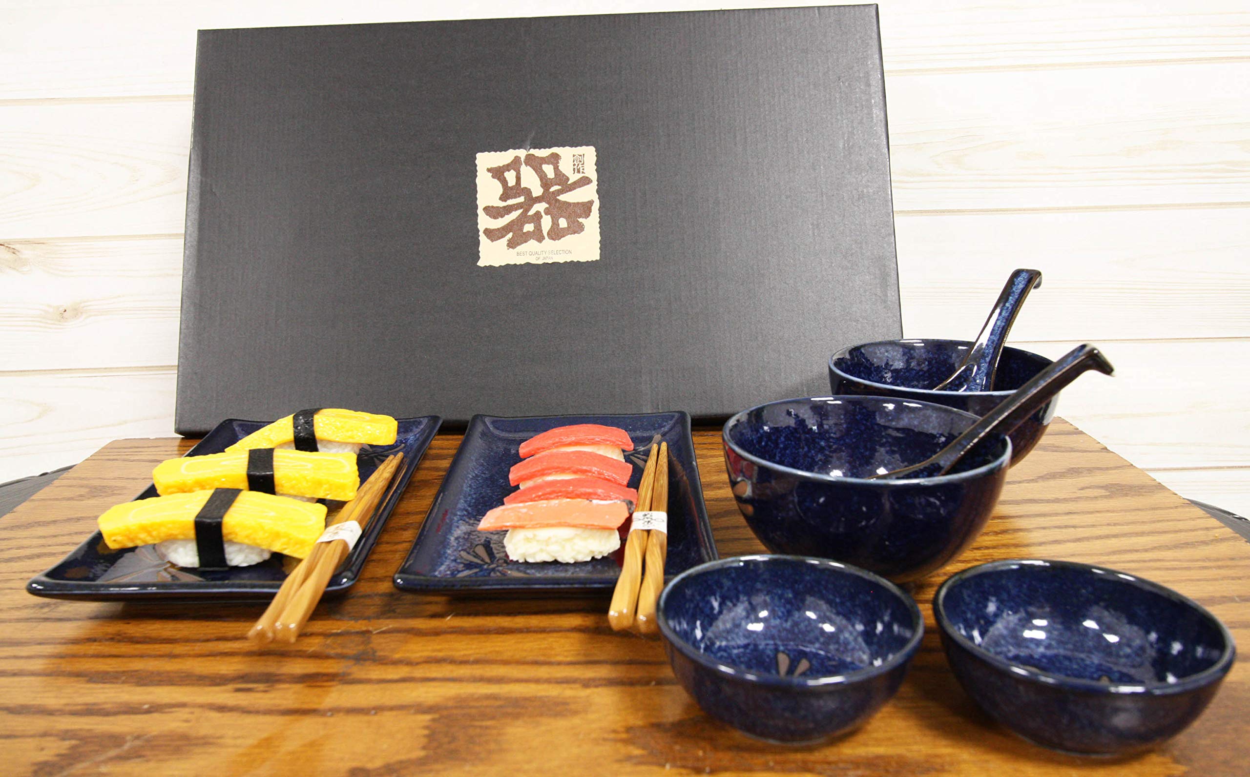 Ebros Gift Japanese Mino Ware Tombo Dragonfly Blue Porcelain 10-Piece Sushi Dinnerware Set for 2 - Includes Sushi Plates, Soup Bowls, Sauce Bowls, Bamboo Chopsticks & Asian Soup Spoons | Authentic Japanese Dining Experience, Perfect for Sushi Nights, Asian-Themed Dinners & Housewarming Gifts