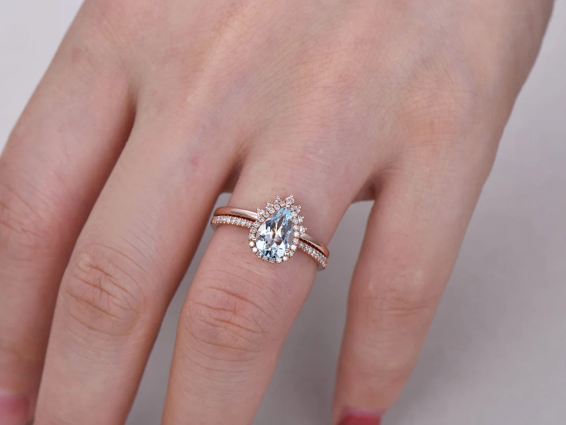 14K Rose Gold Pear Halo Aquamarine & Diamond Engagement Ring Set - 0.33ct Diamond Frame for Wedding, Proposal & Anniversary Gifts | Elegant Bridal Jewelry