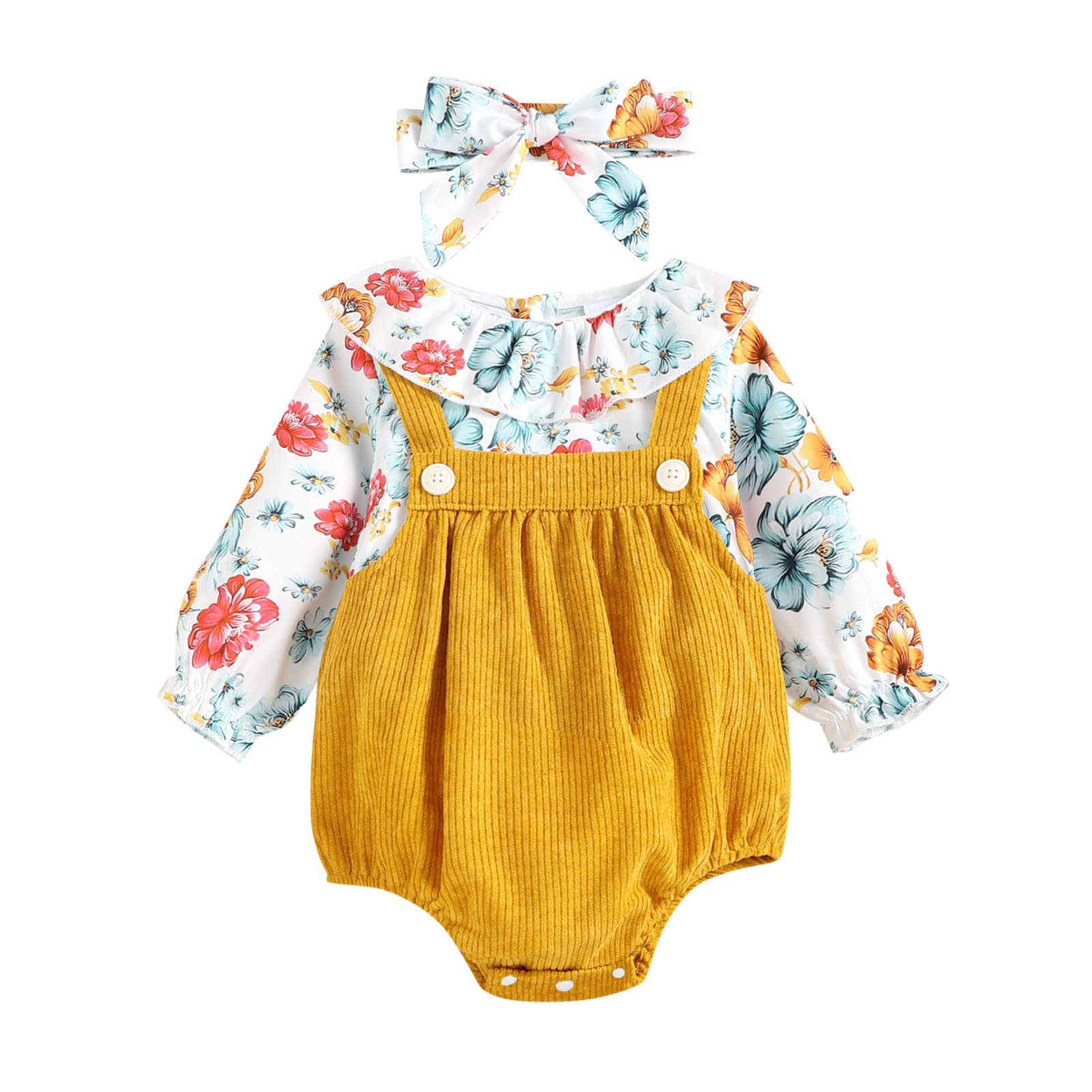 Baby Girls Floral Playsuit with Ruffled Bodysuit & Headband - Long Sleeve Knitted Romper Jumpsuit for Infants | Perfect for Playdates, Photo Shoots & Special Occasions